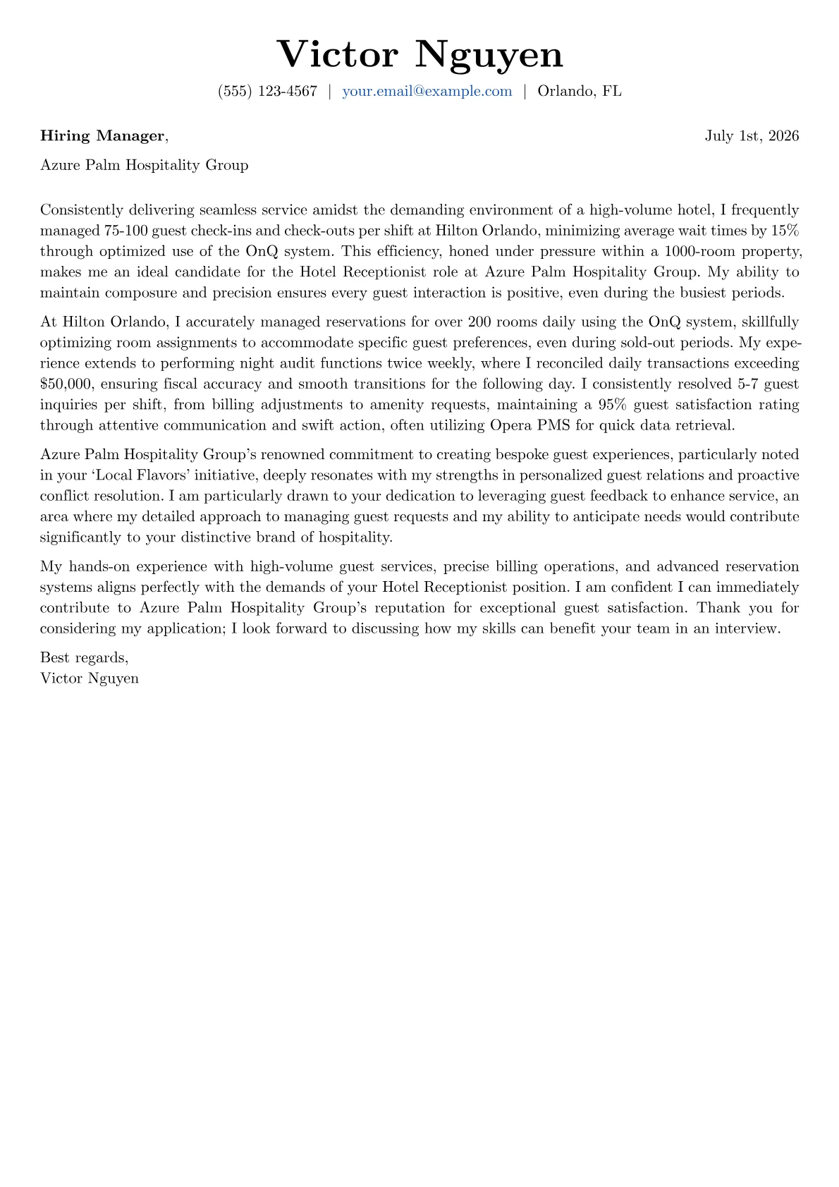 Hotel Receptionist cover letter formatted with a JobSprout template