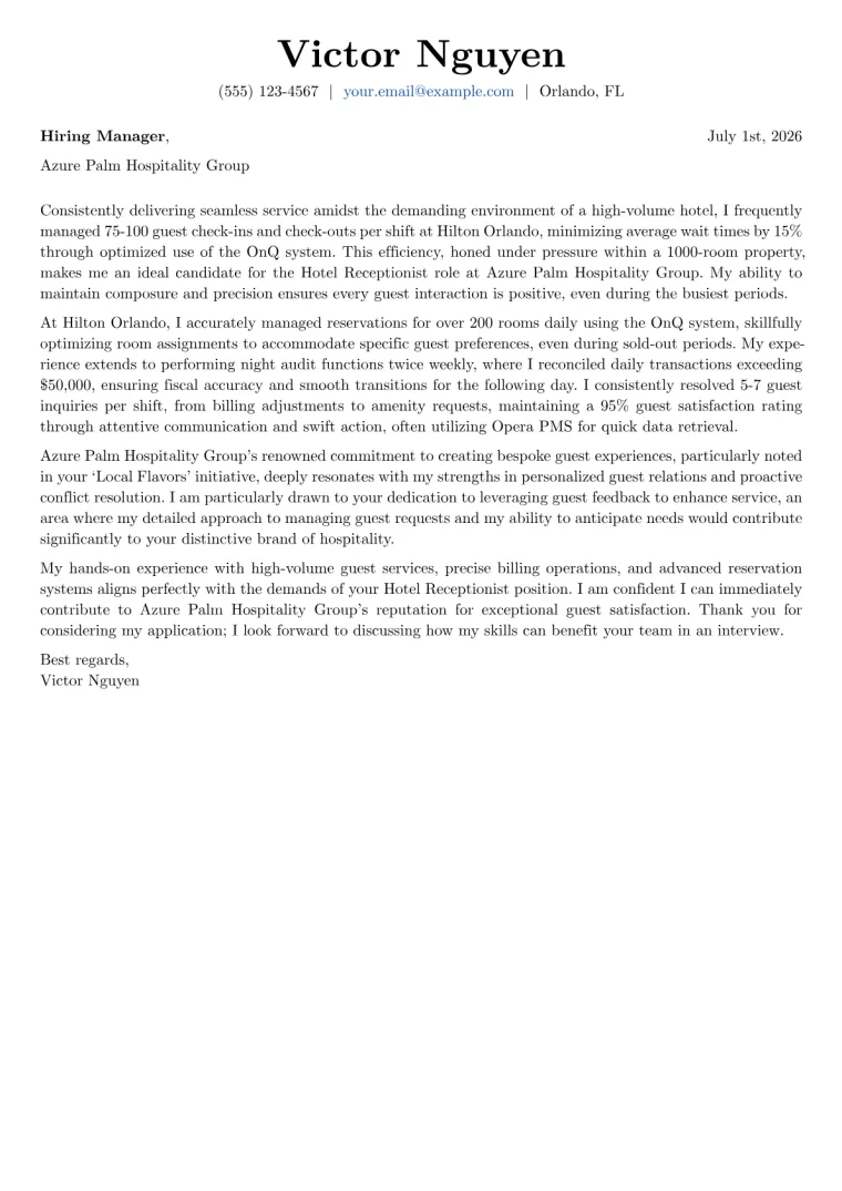 Hotel Receptionist Cover Letter Example