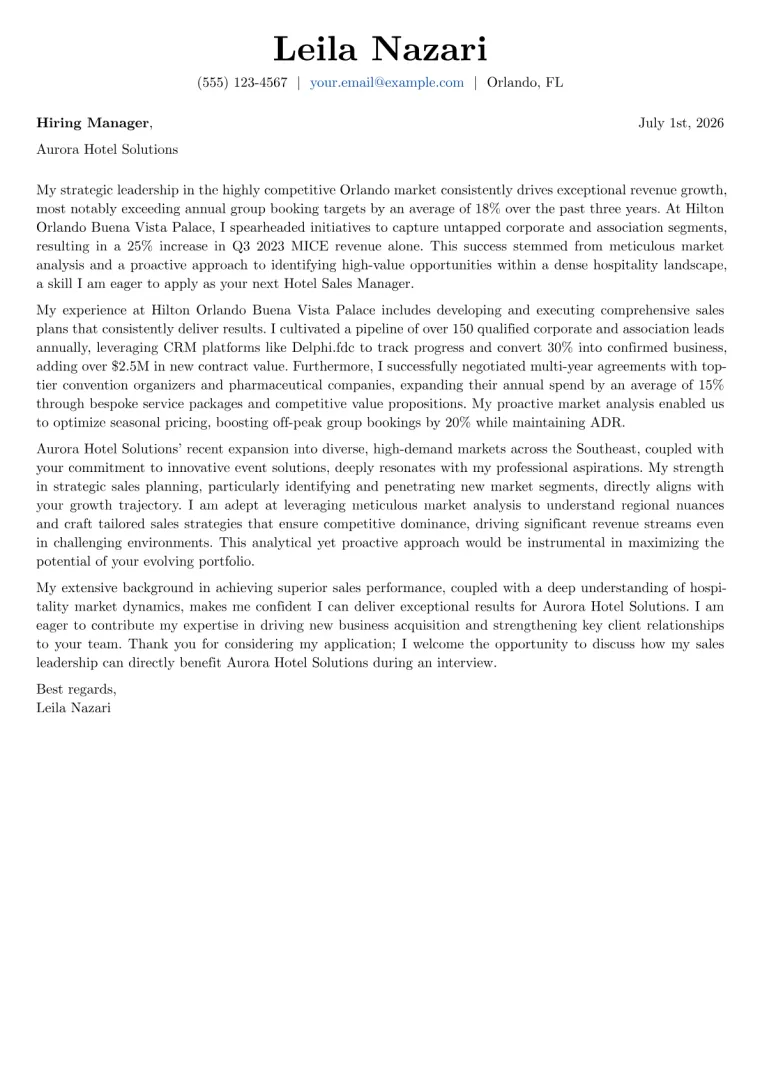 Hotel Sales Manager Cover Letter Example
