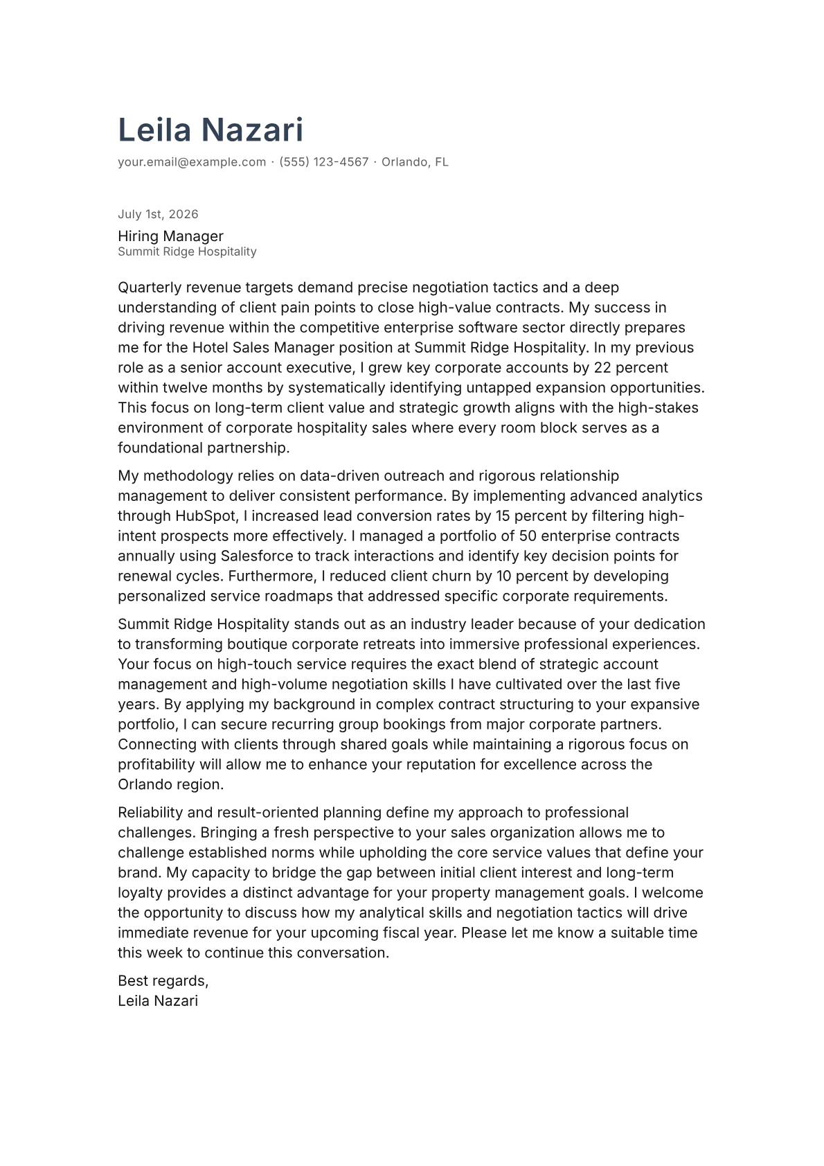 Hotel Sales Manager cover letter in the Minimal design