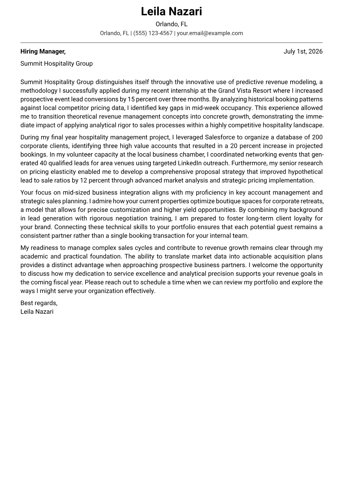 Hotel Sales Manager cover letter in the Modern design