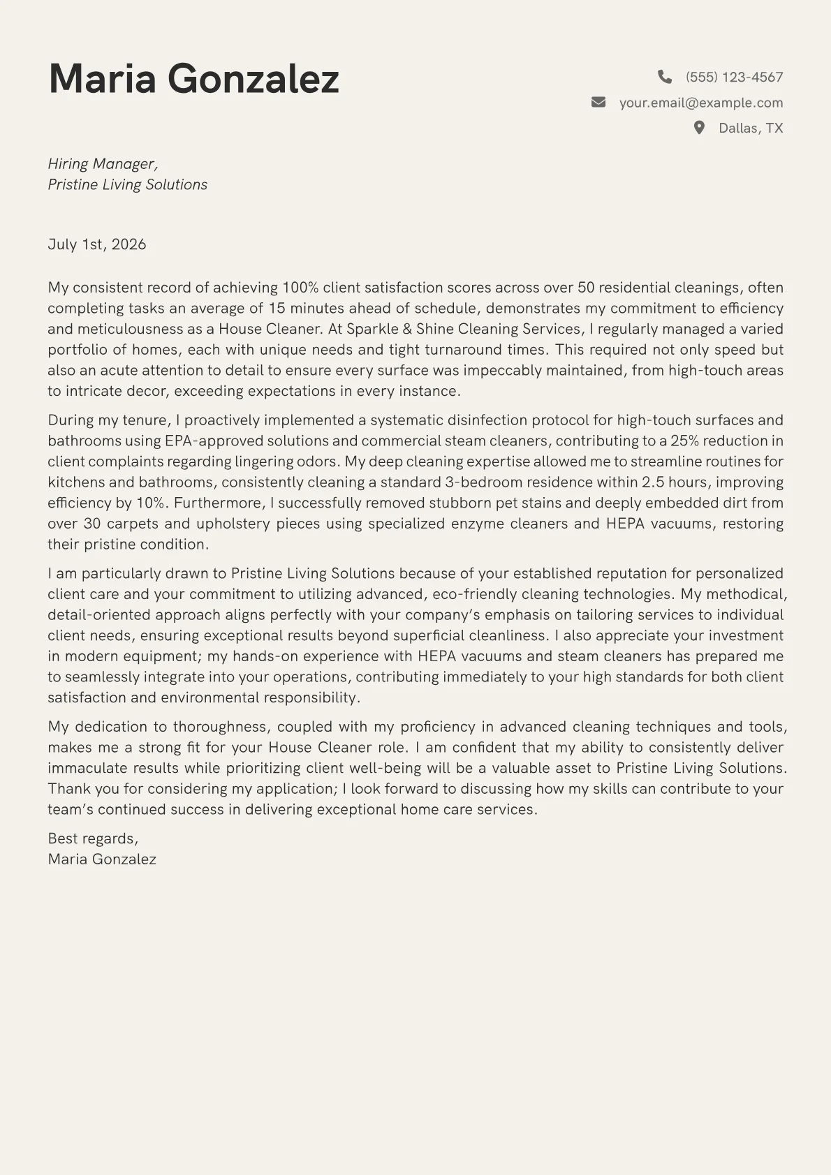 House Cleaner cover letter formatted with a JobSprout template