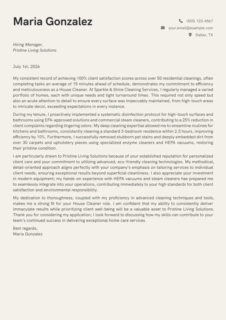 House Cleaner cover letter example preview