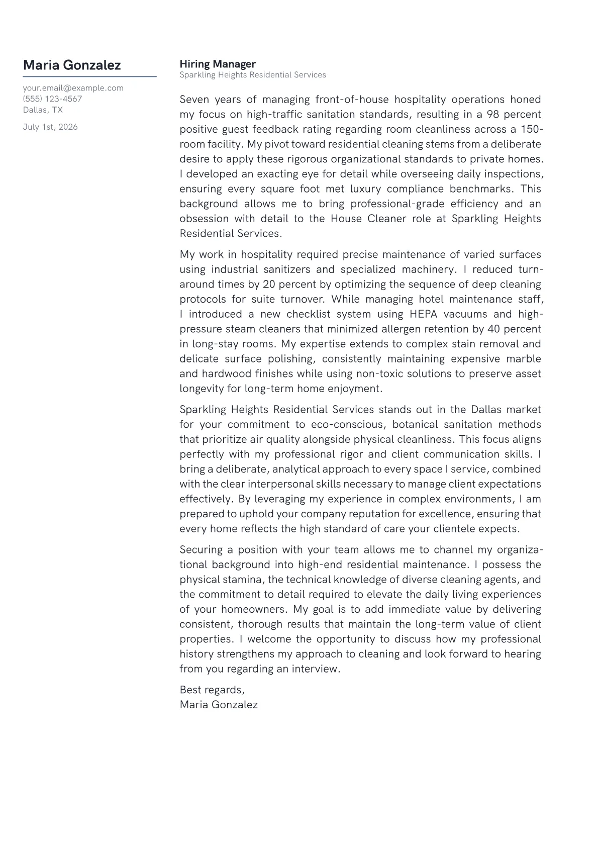 House Cleaner cover letter in the Margin design