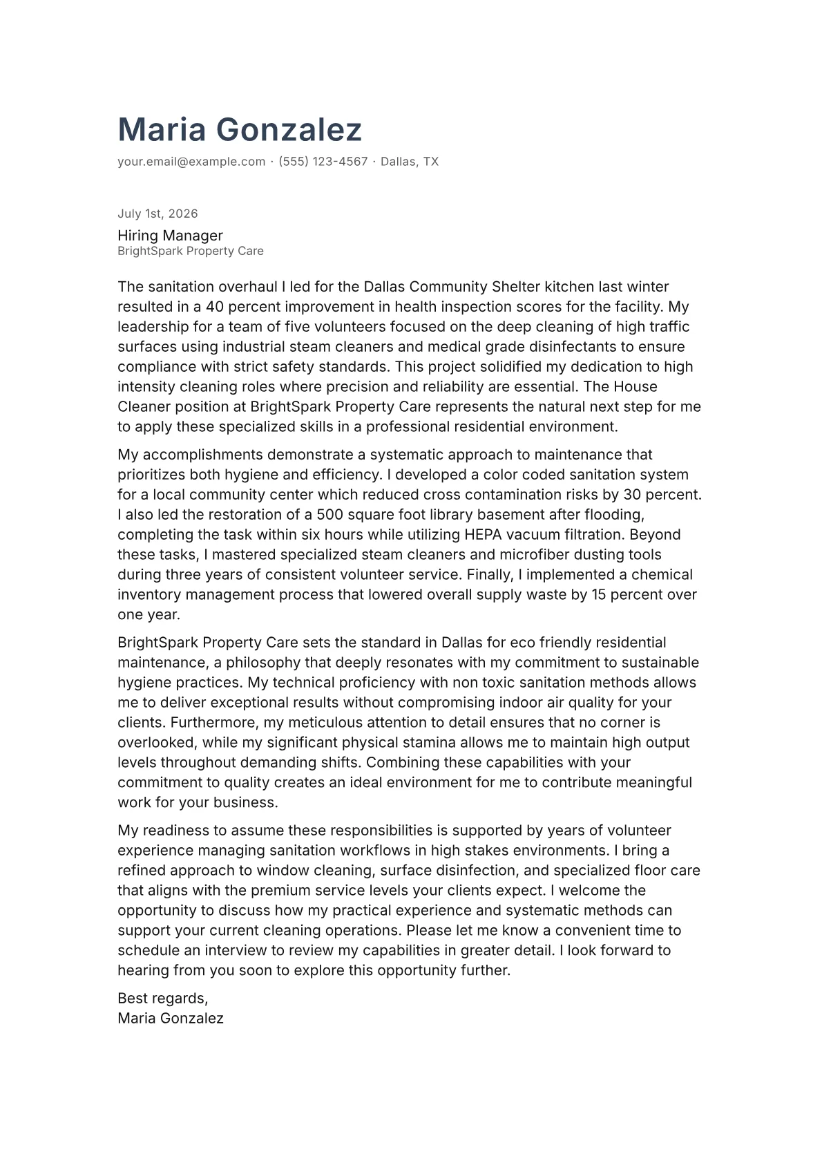 House Cleaner cover letter in the Minimal design