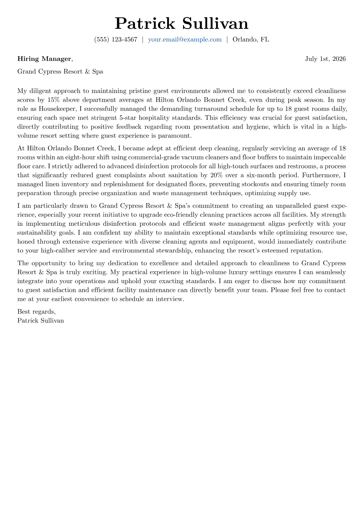 Housekeeper cover letter formatted with a JobSprout template