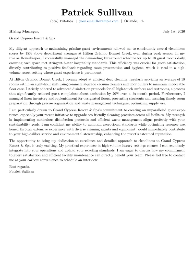 Housekeeper Cover Letter Example
