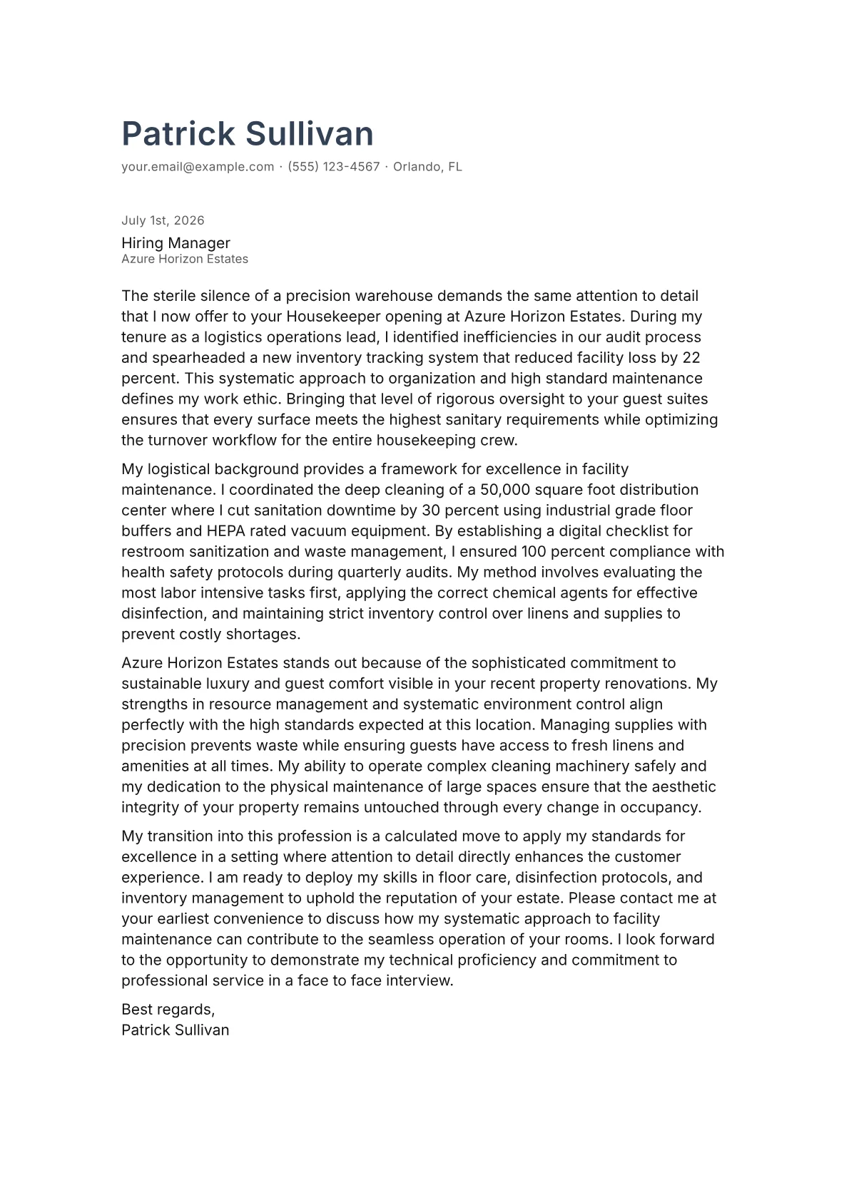 Housekeeper cover letter in the Minimal design
