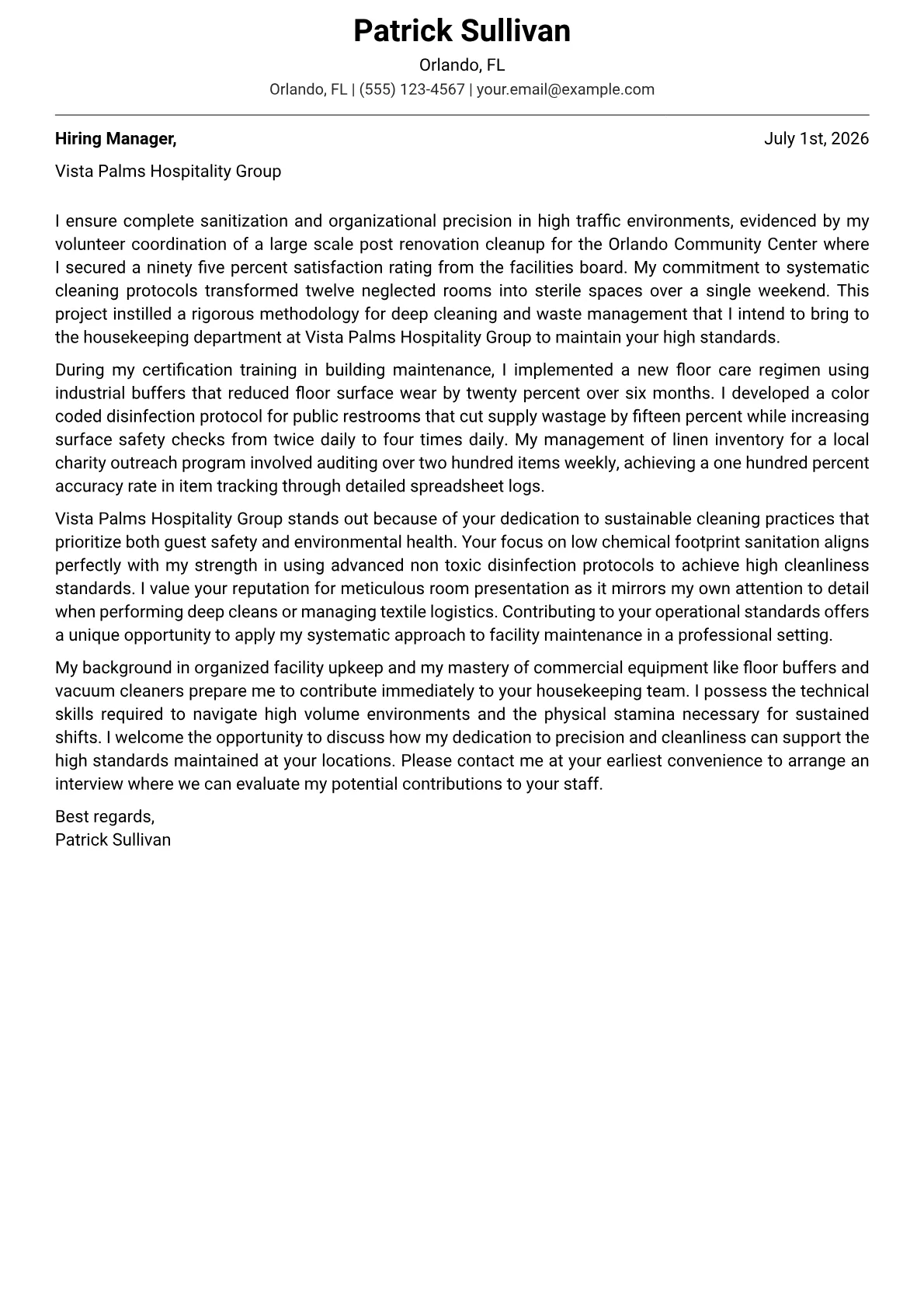 Housekeeper cover letter in the Modern design