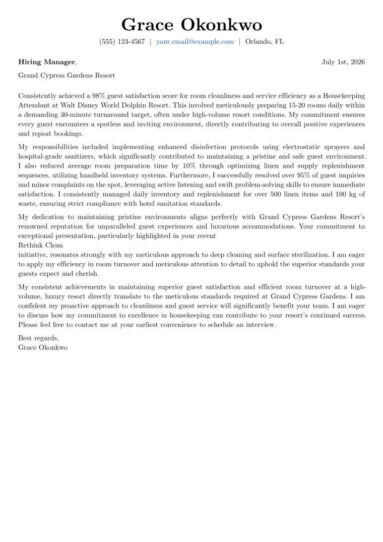 Housekeeping Attendant Cover Letter Example