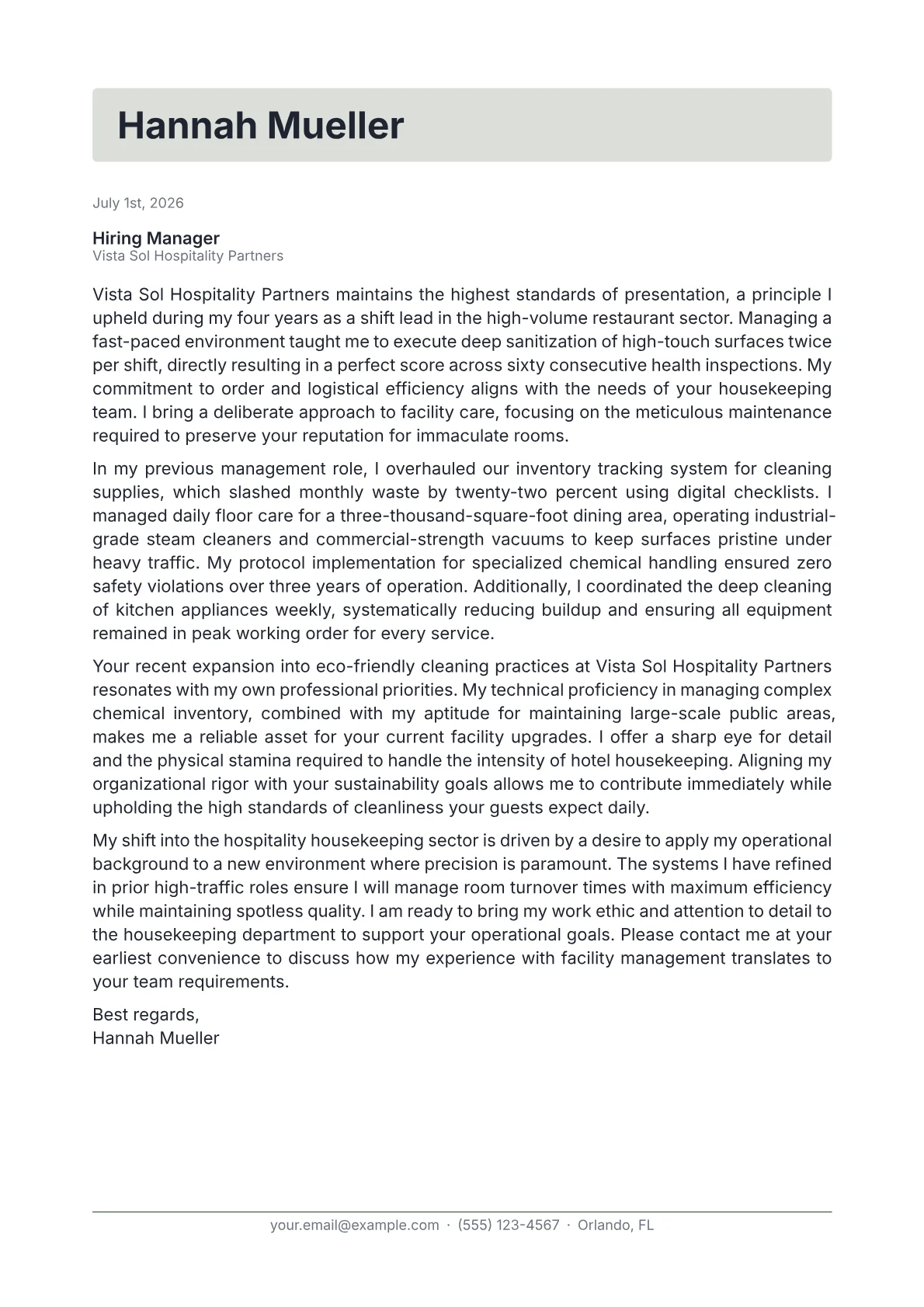Housekeeping cover letter in the Letterhead design