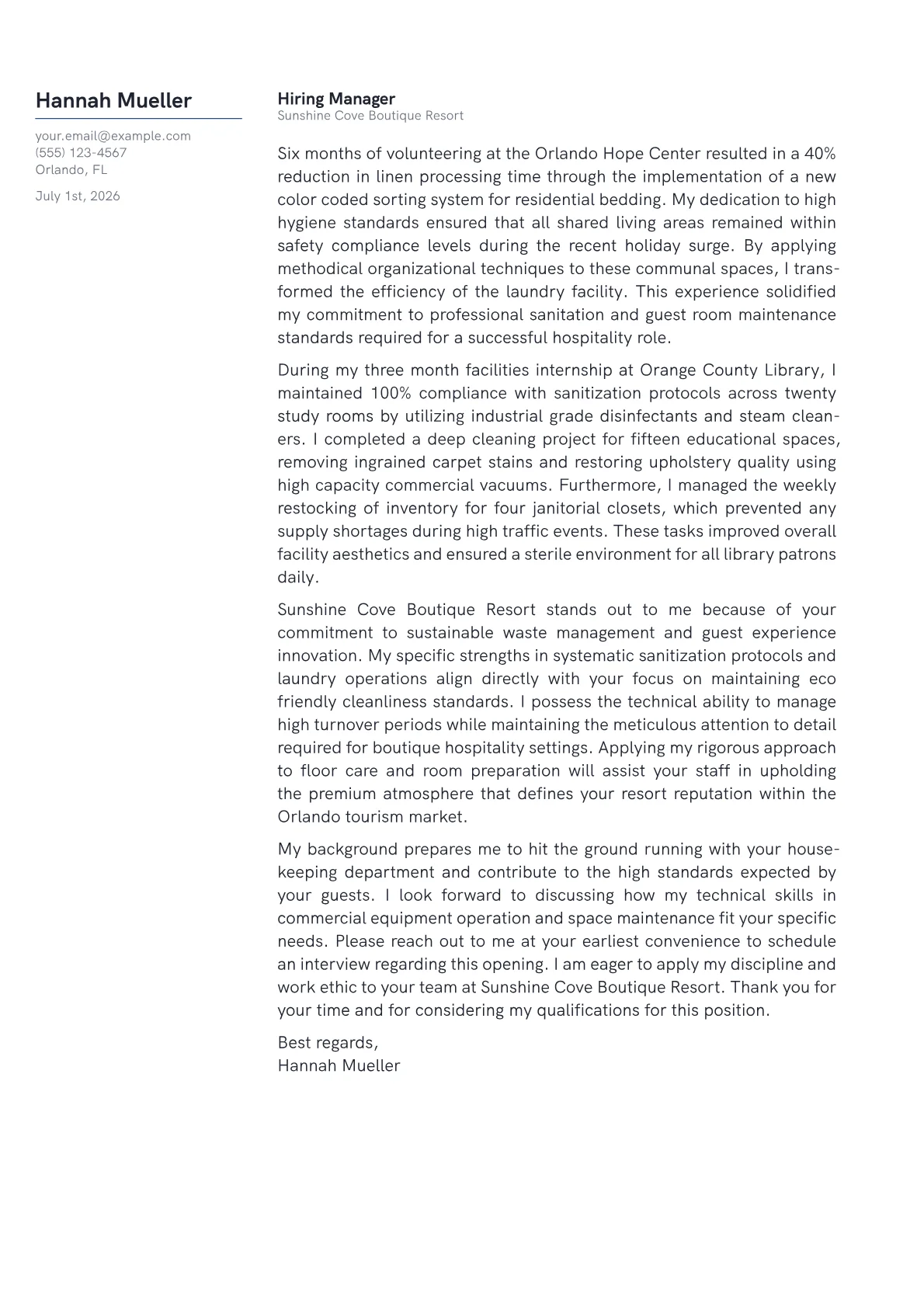 Housekeeping cover letter in the Margin design
