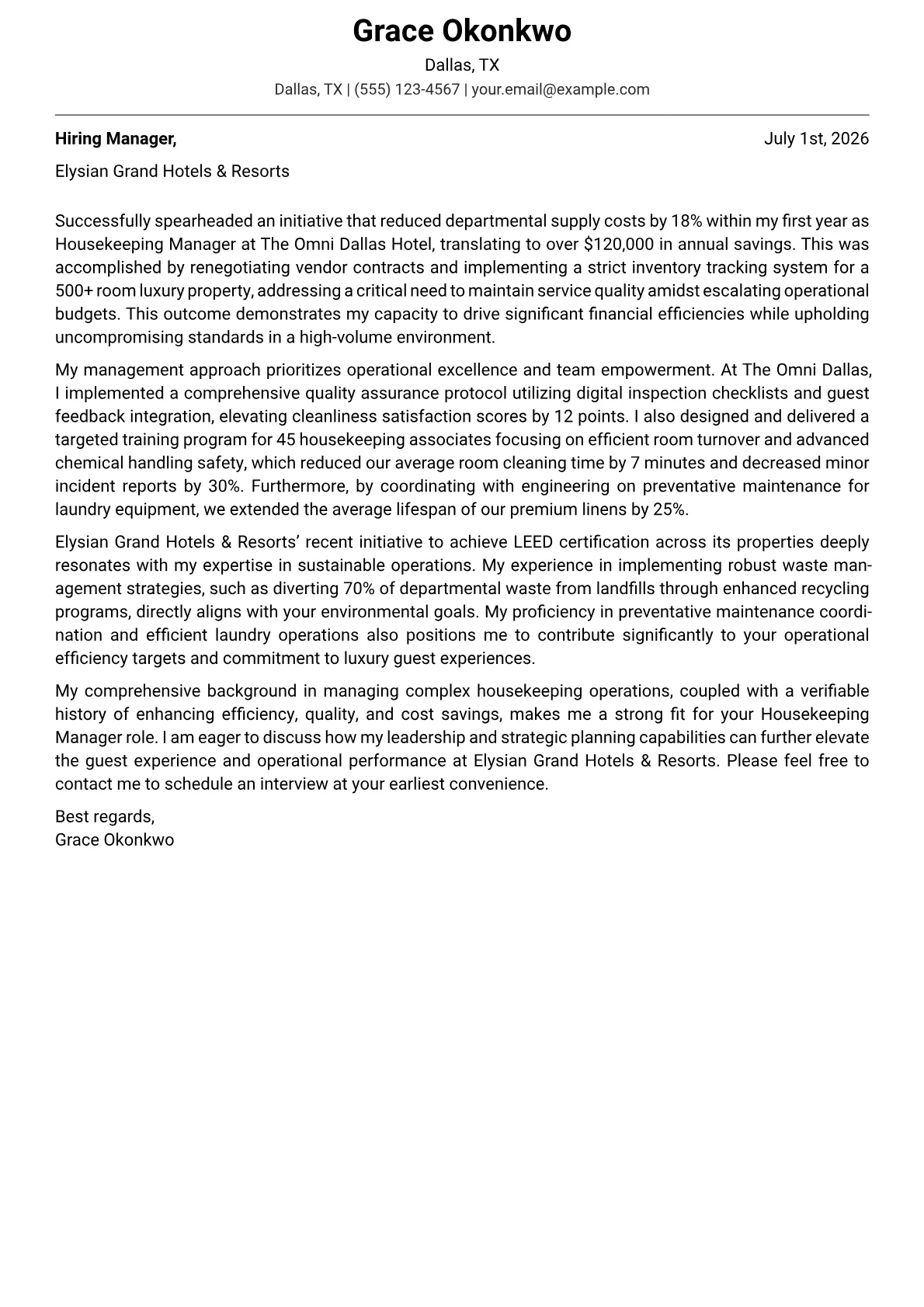 Housekeeping Manager cover letter formatted with a JobSprout template