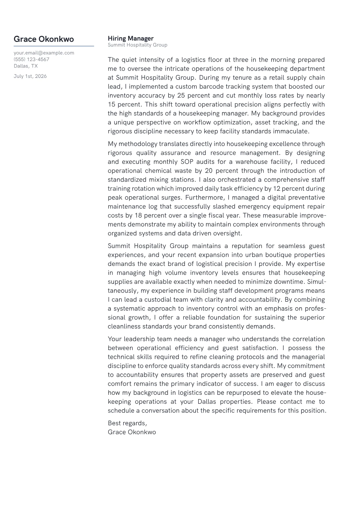 Housekeeping Manager cover letter in the Margin design