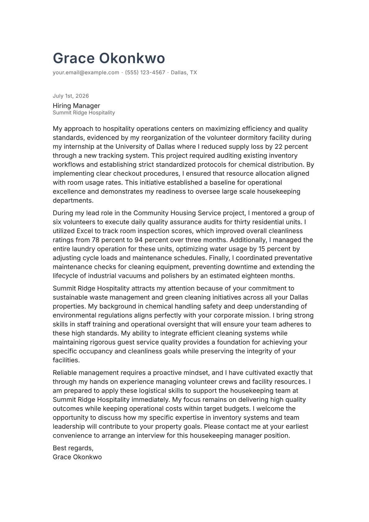 Housekeeping Manager cover letter in the Minimal design