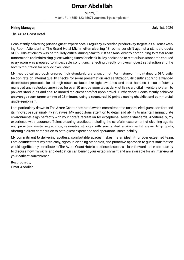 Housekeeping Room Attendant Cover Letter Example