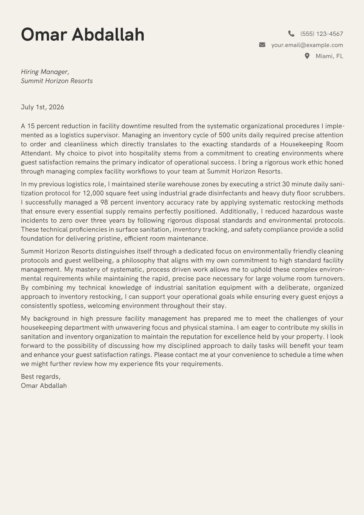 Housekeeping Room Attendant cover letter in the Creative design