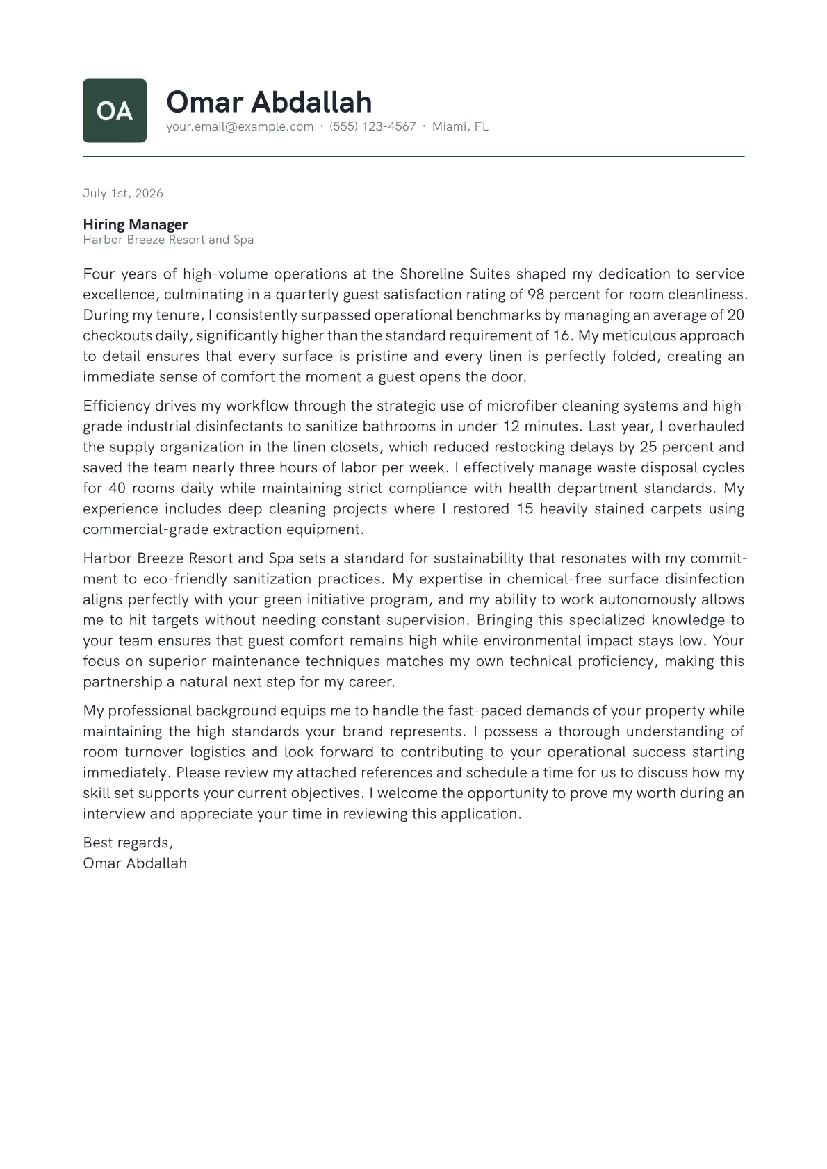 Housekeeping Room Attendant cover letter in the Emblem design