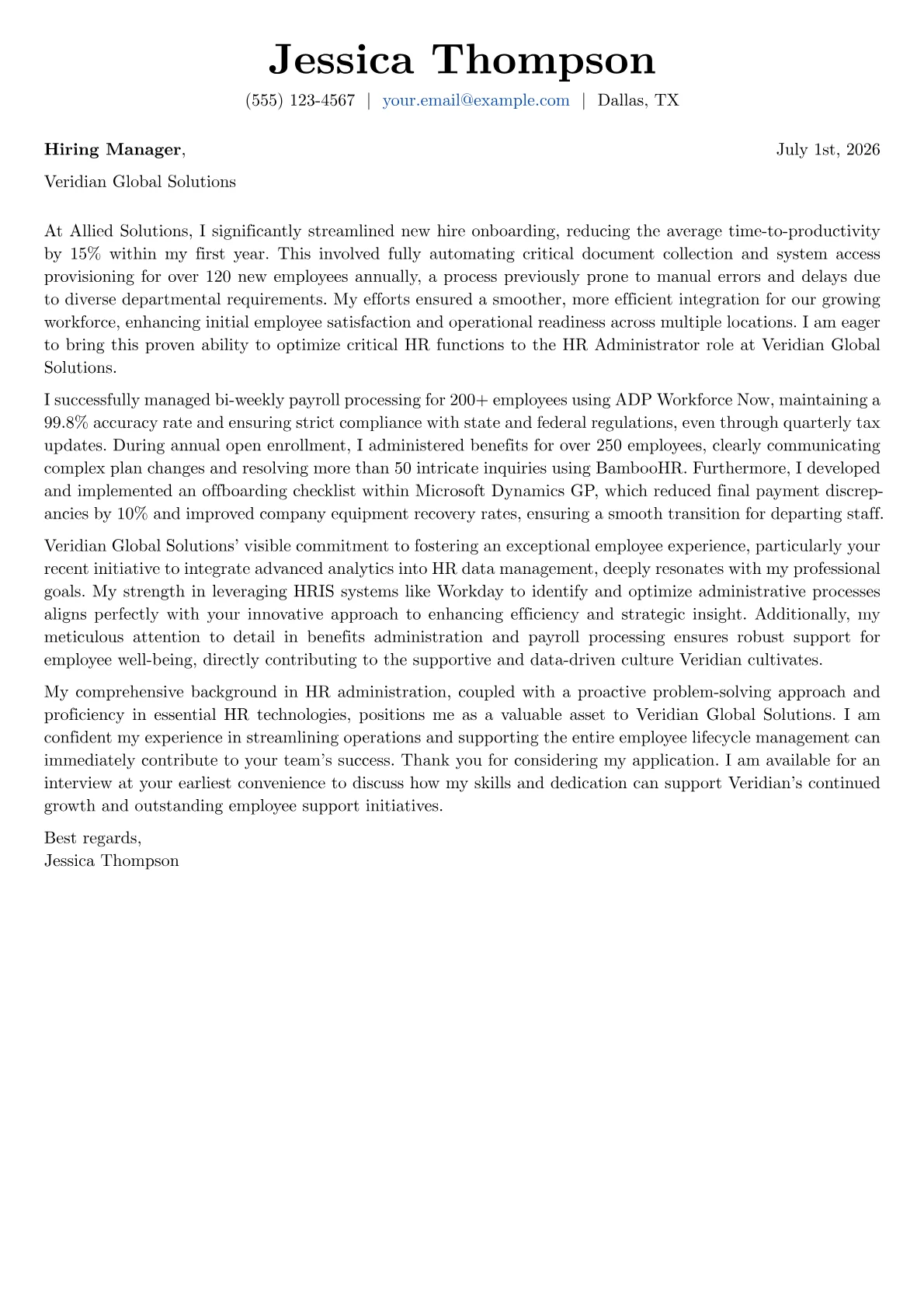 HR Administrator cover letter formatted with a JobSprout template