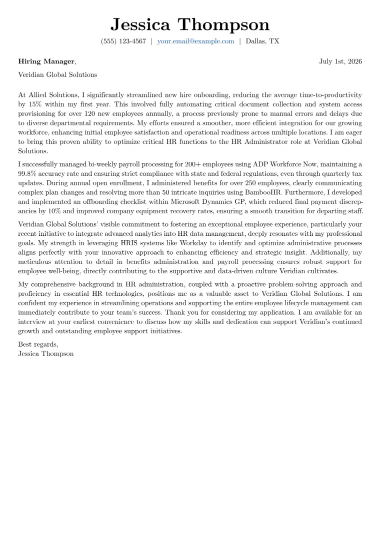 HR Administrator Cover Letter Example
