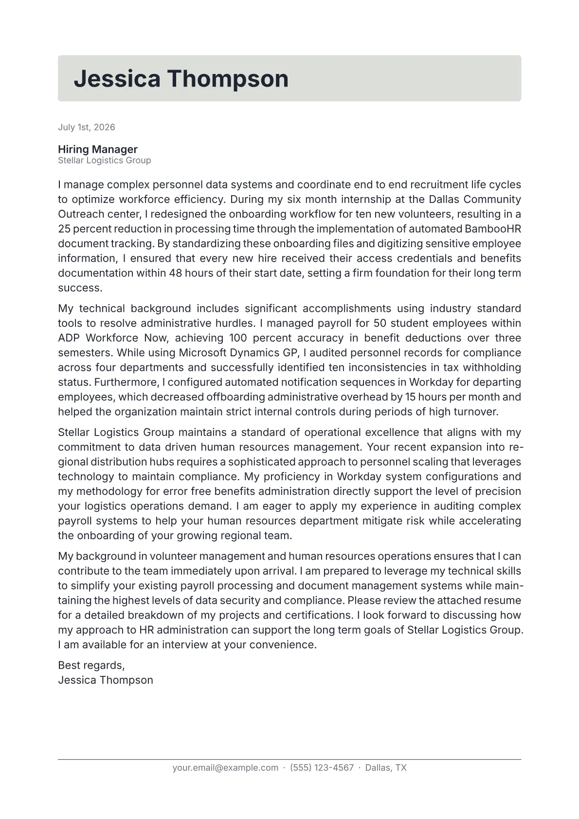 HR Administrator cover letter in the Letterhead design