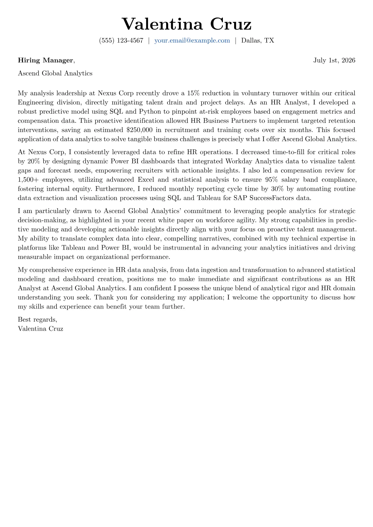 HR Analyst cover letter formatted with a JobSprout template