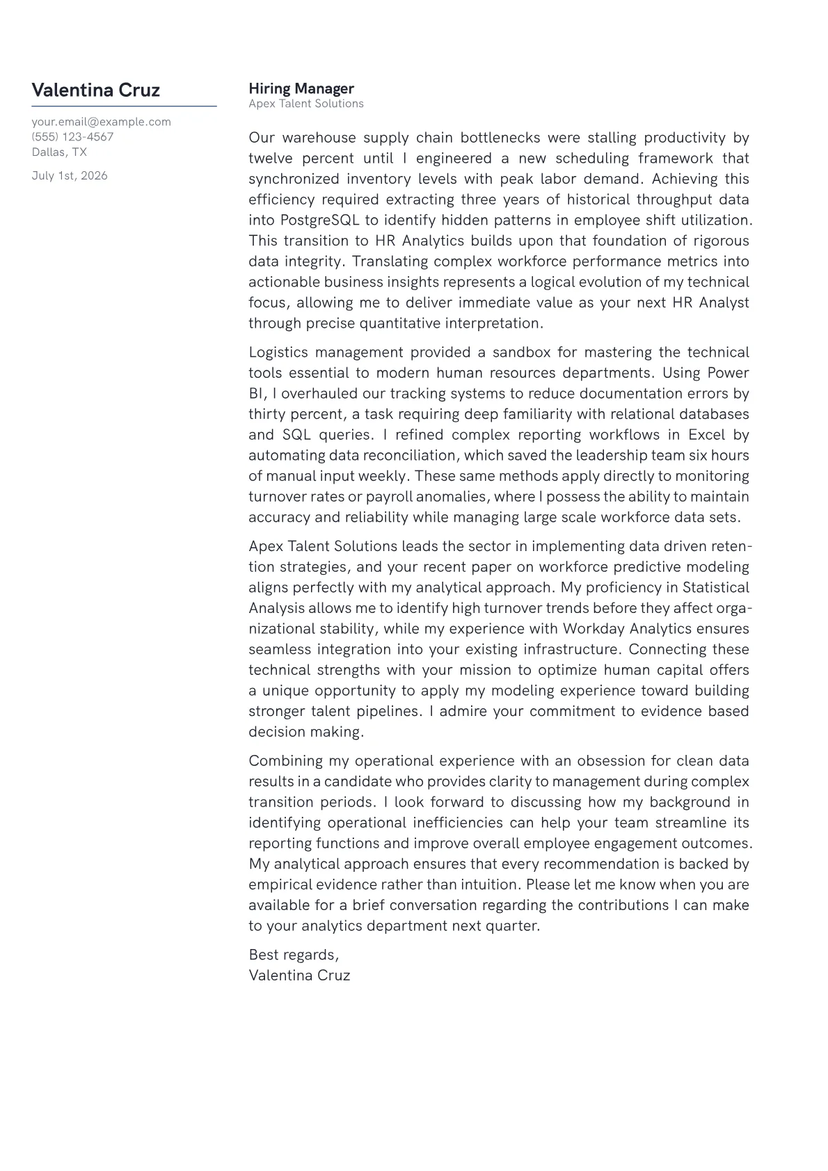 HR Analyst cover letter in the Margin design