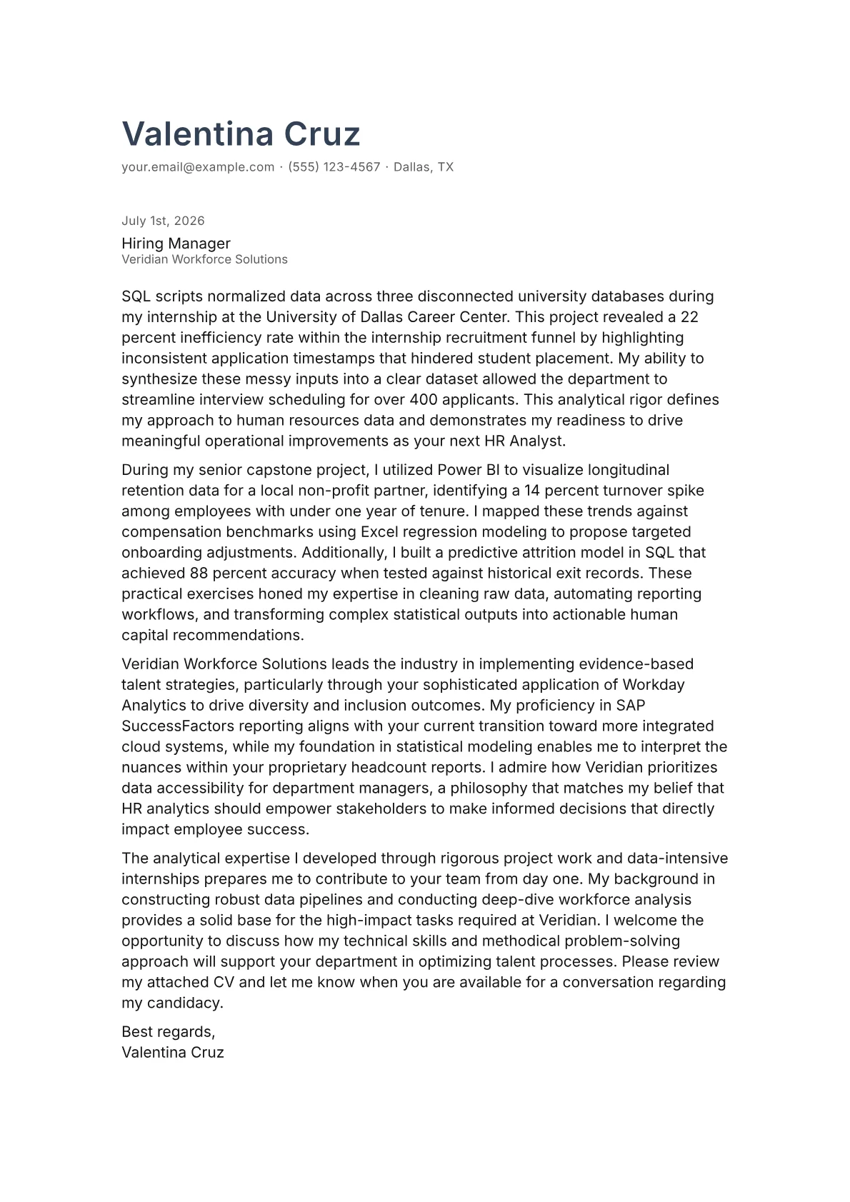 HR Analyst cover letter in the Minimal design