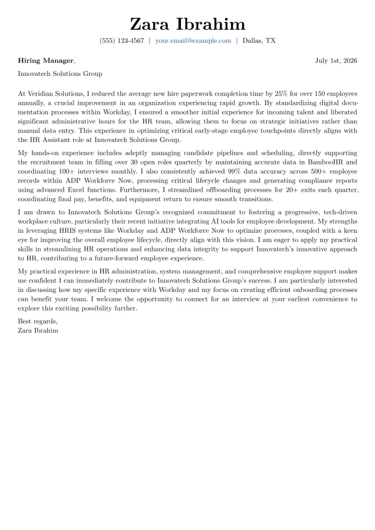 HR Assistant Cover Letter Example