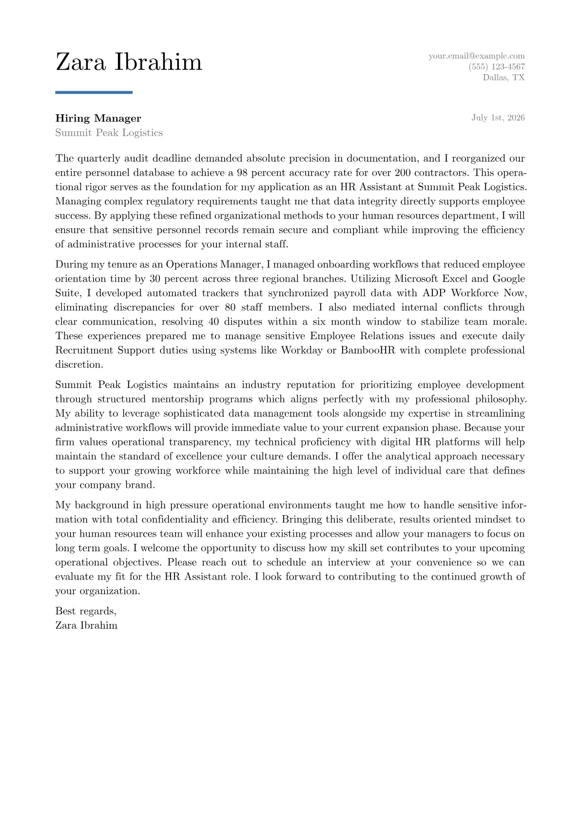 HR Assistant cover letter in the Executive design
