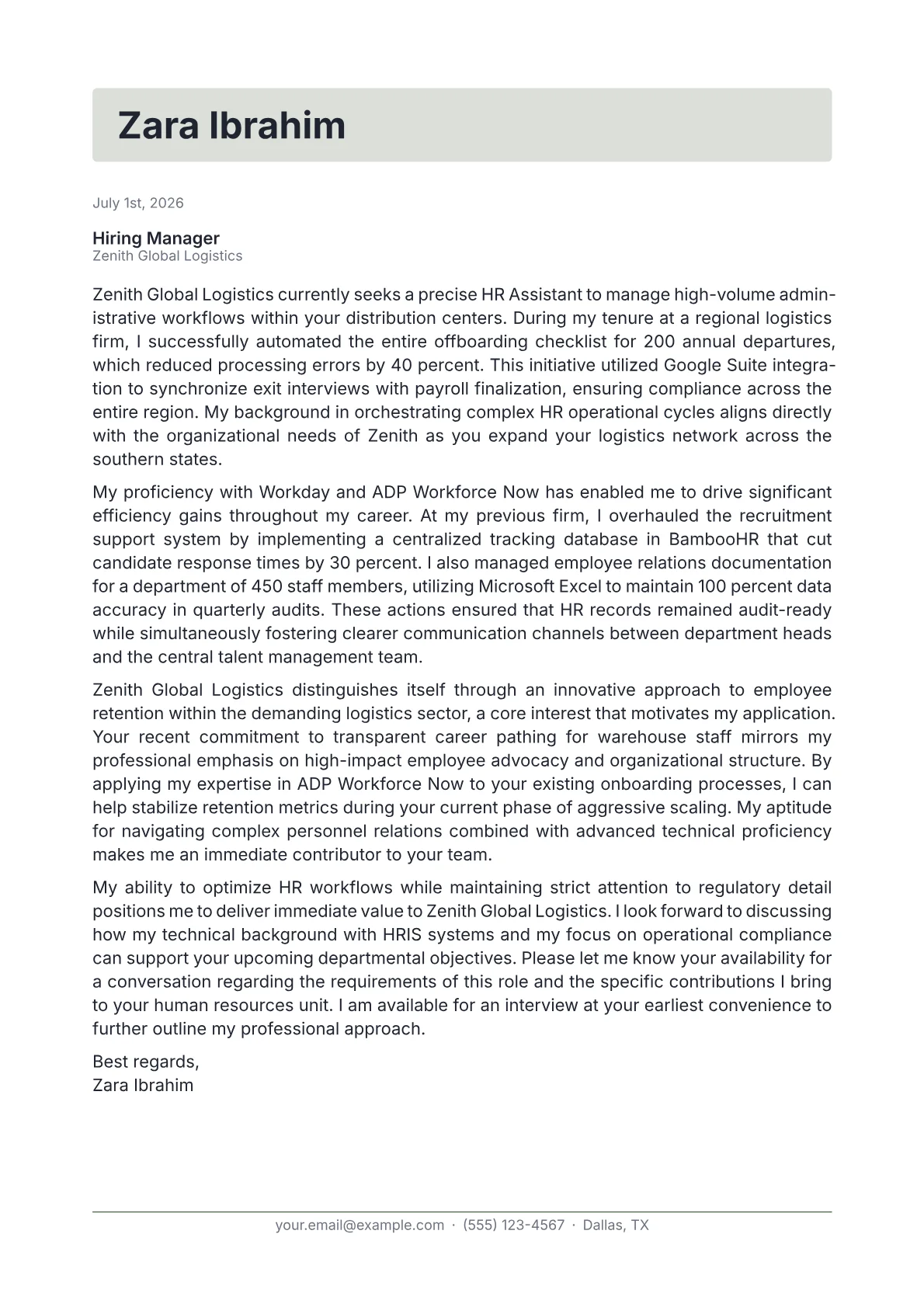 HR Assistant cover letter in the Letterhead design