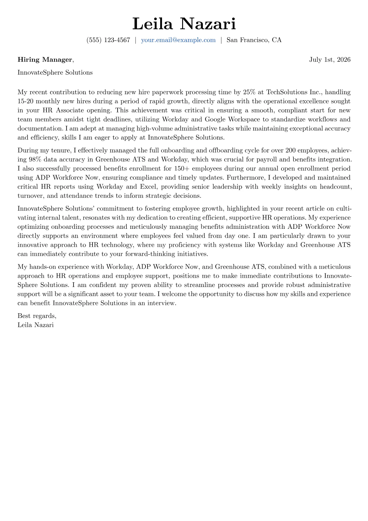 HR Associate cover letter formatted with a JobSprout template