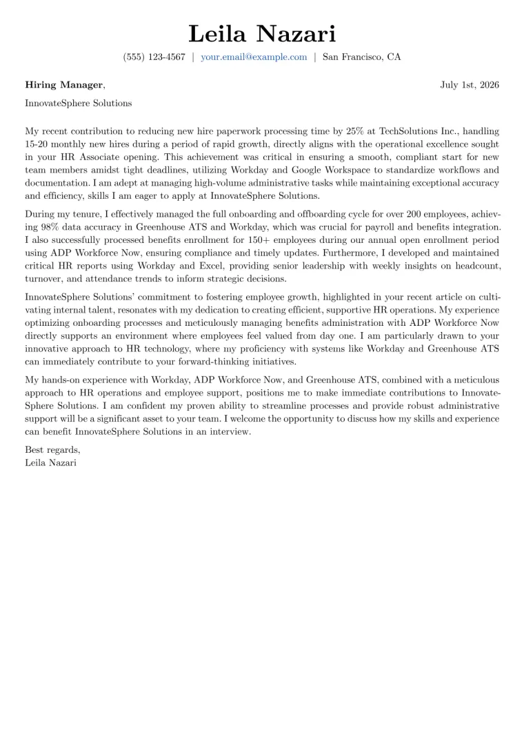 HR Associate Cover Letter Example