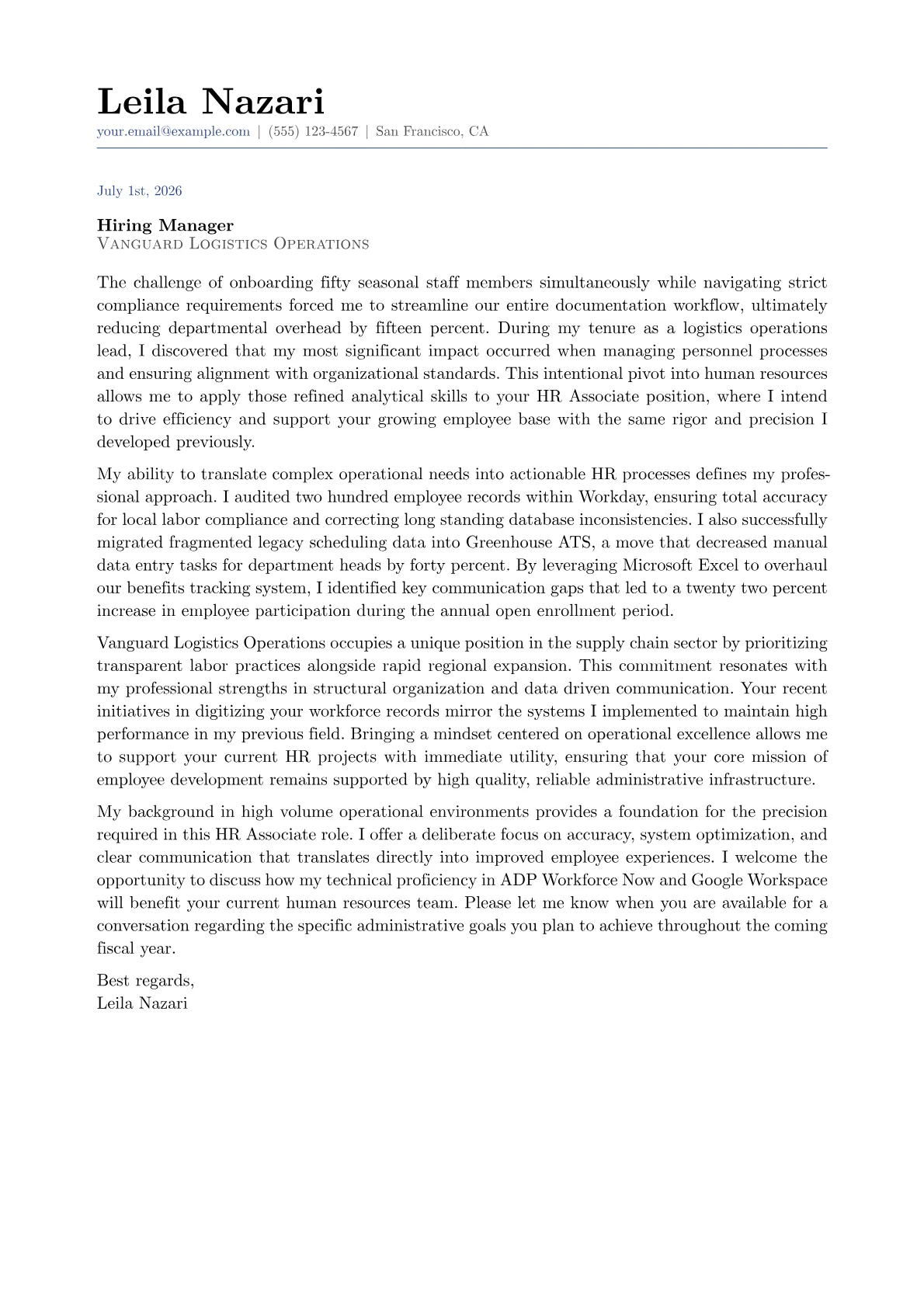 HR Associate cover letter in the Classic design