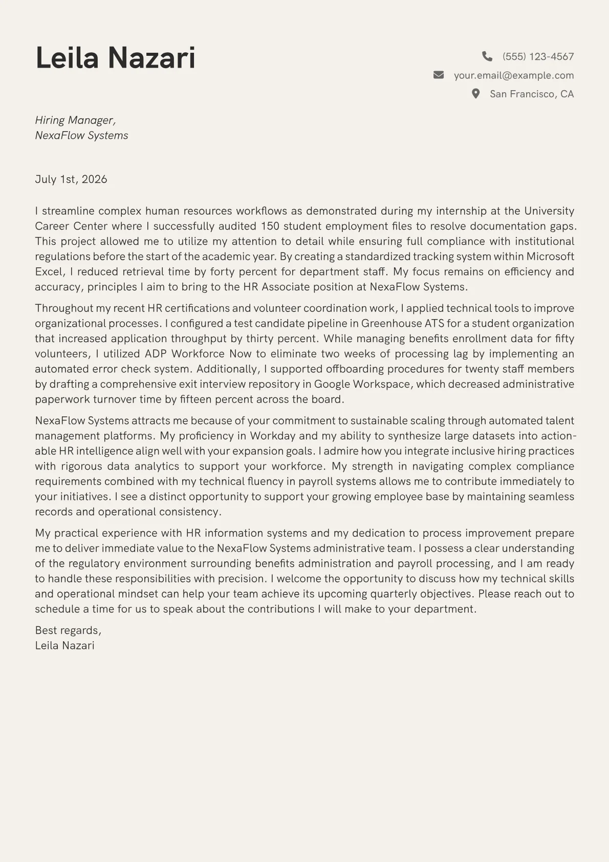 HR Associate cover letter in the Creative design