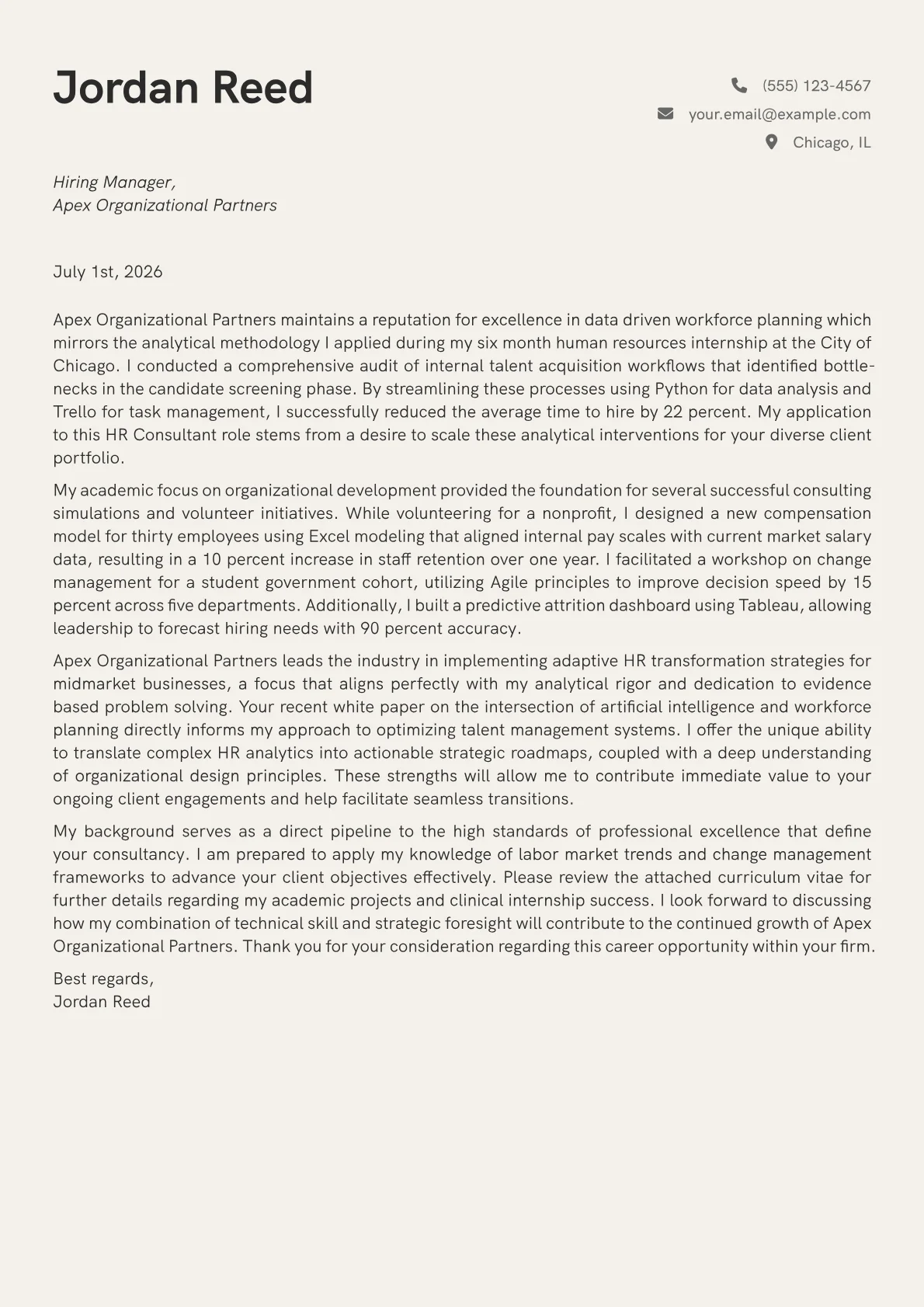 HR Consultant cover letter in the Creative design