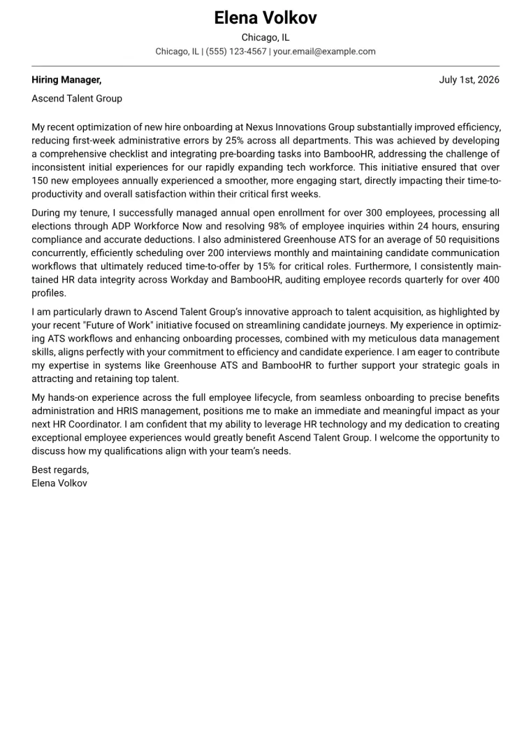 HR Coordinator cover letter example