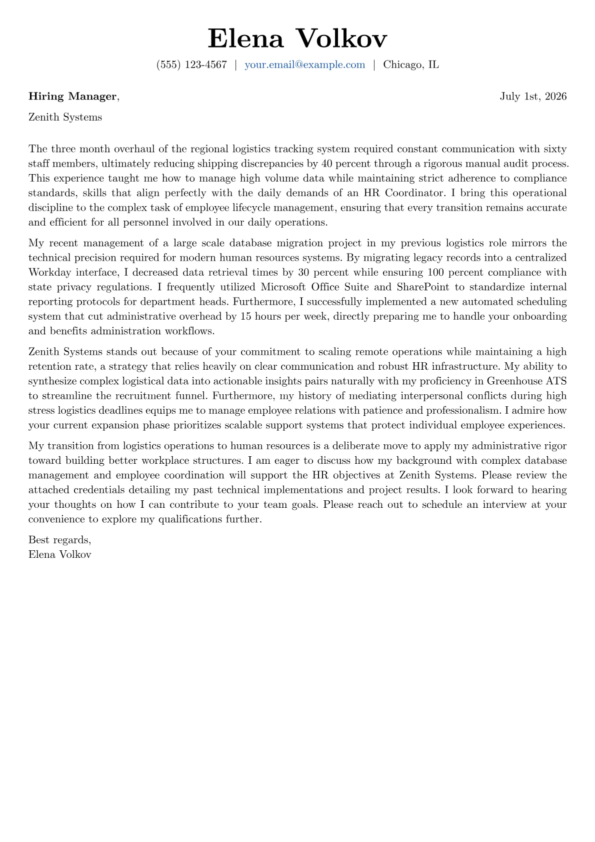 HR Coordinator cover letter in the Basic design