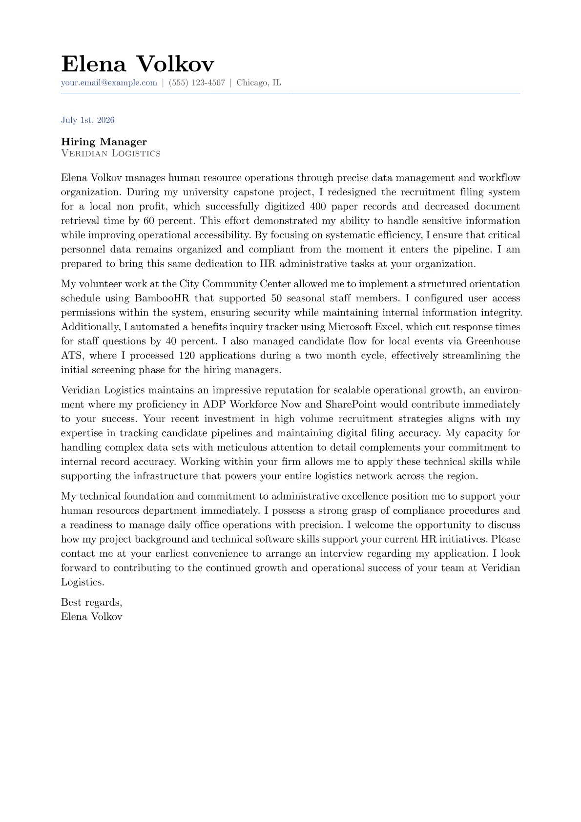 HR Coordinator cover letter in the Classic design