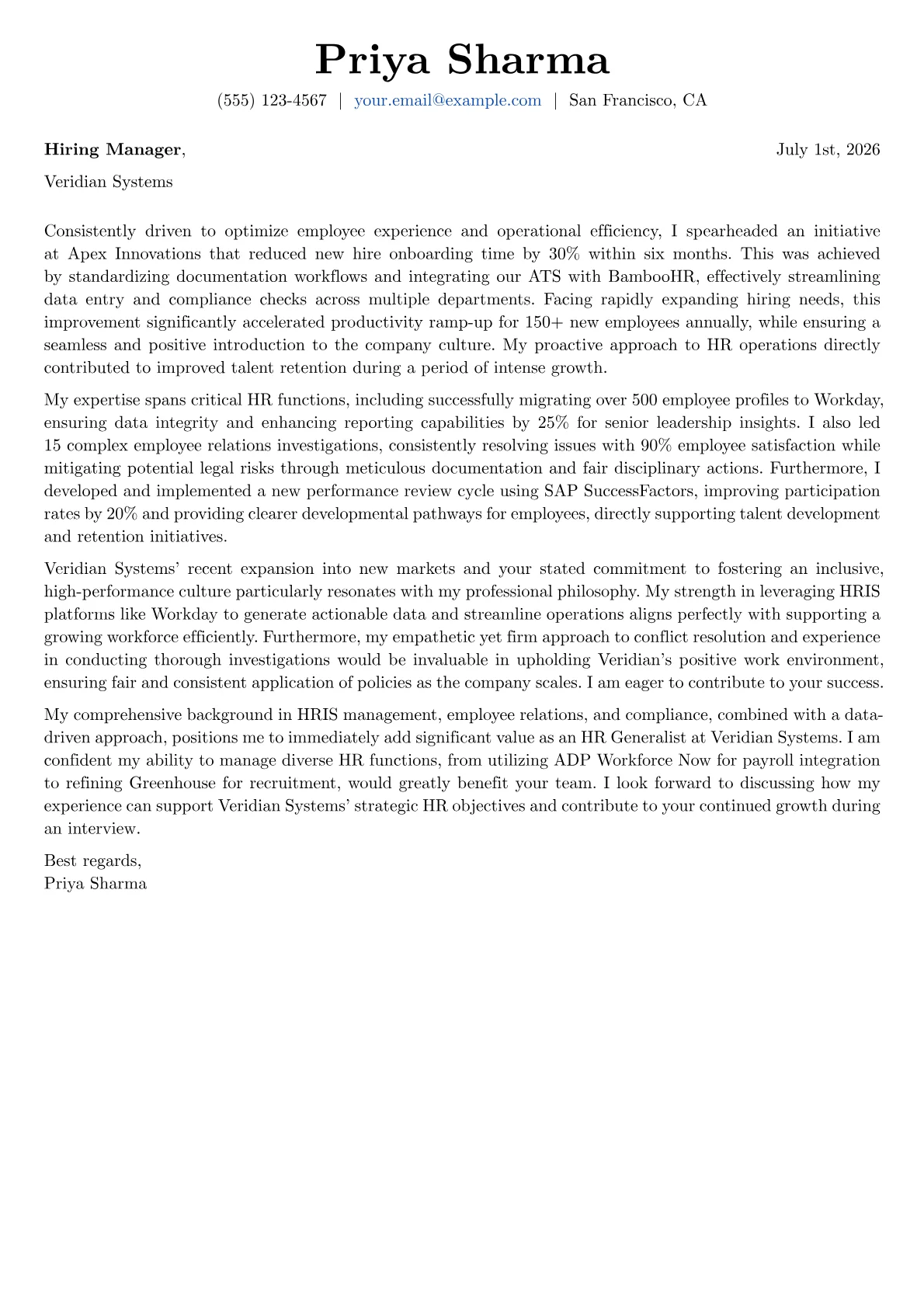 HR Generalist cover letter formatted with a JobSprout template