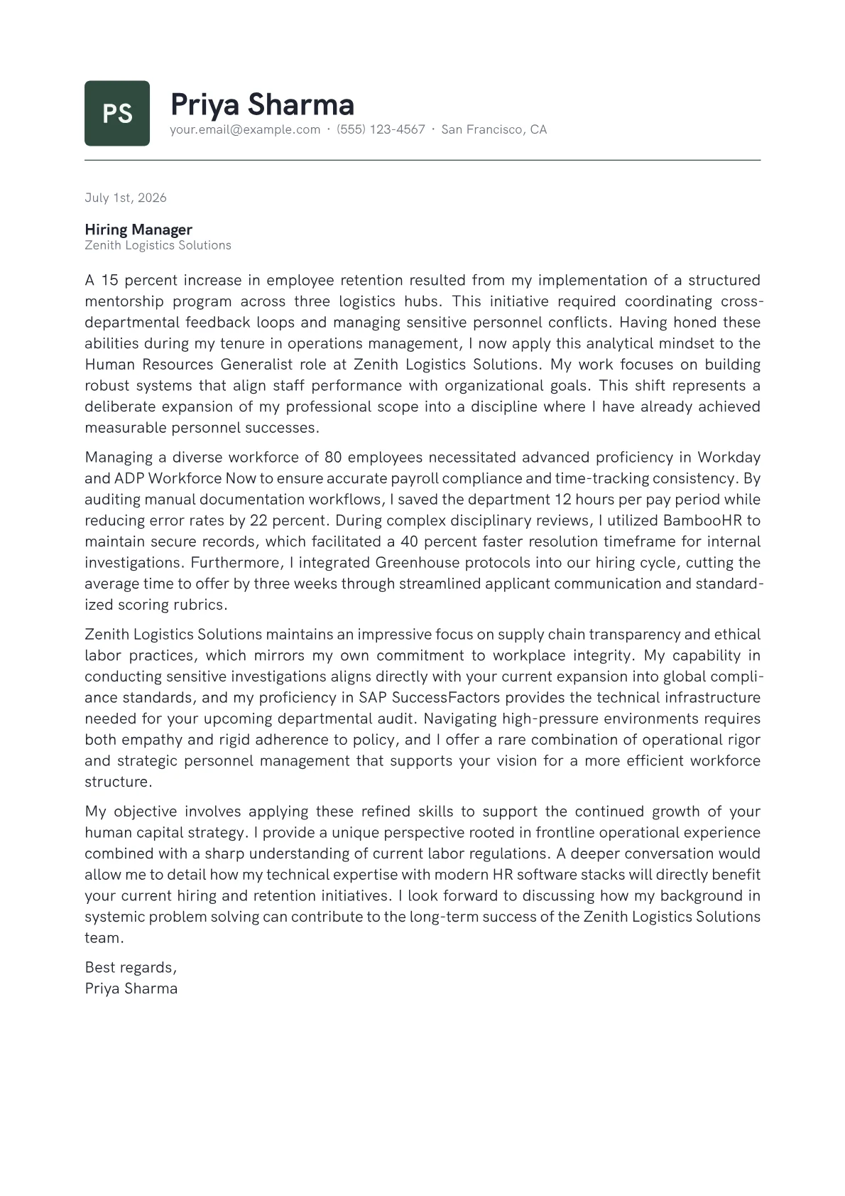 HR Generalist cover letter in the Emblem design