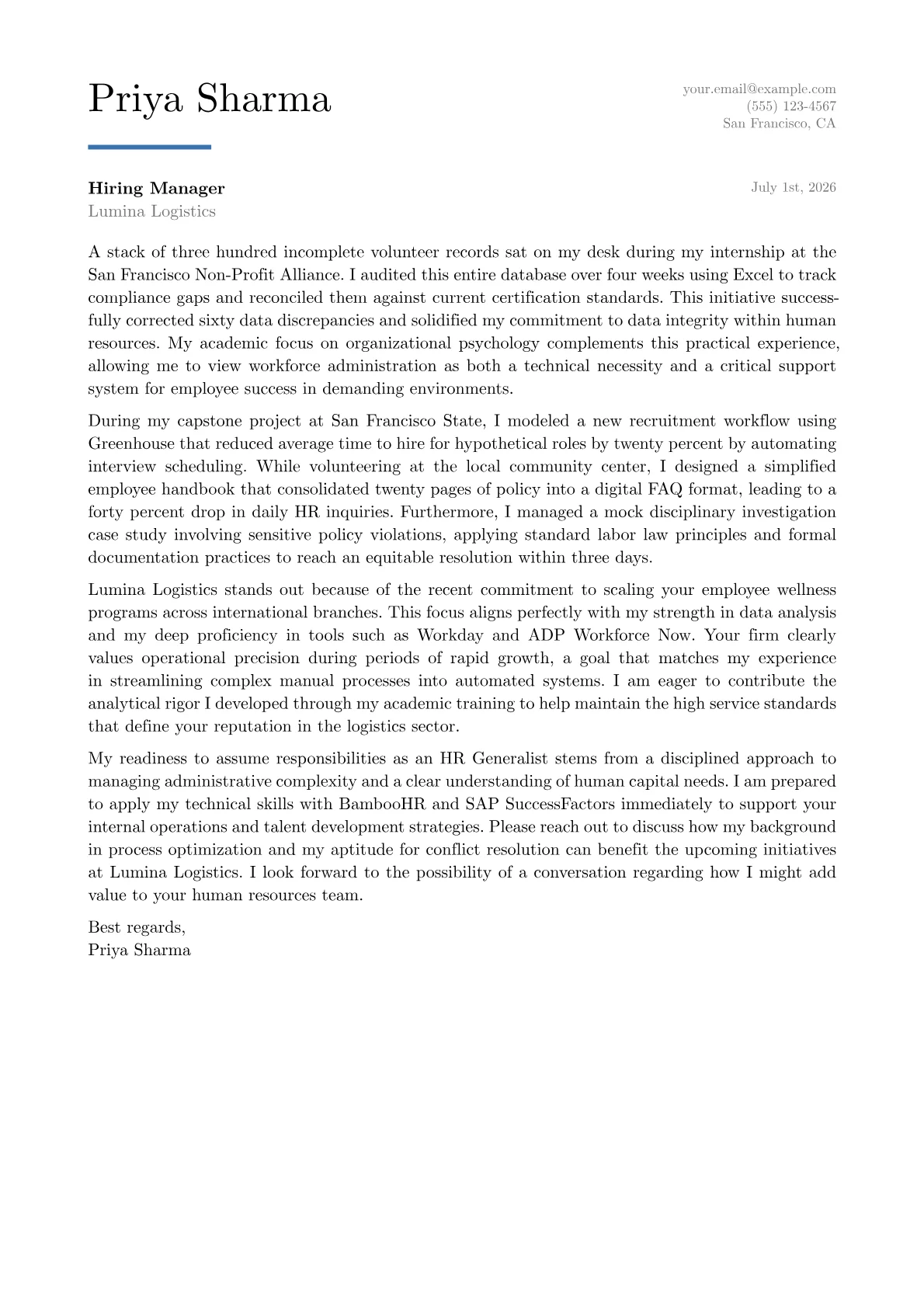 HR Generalist cover letter in the Executive design