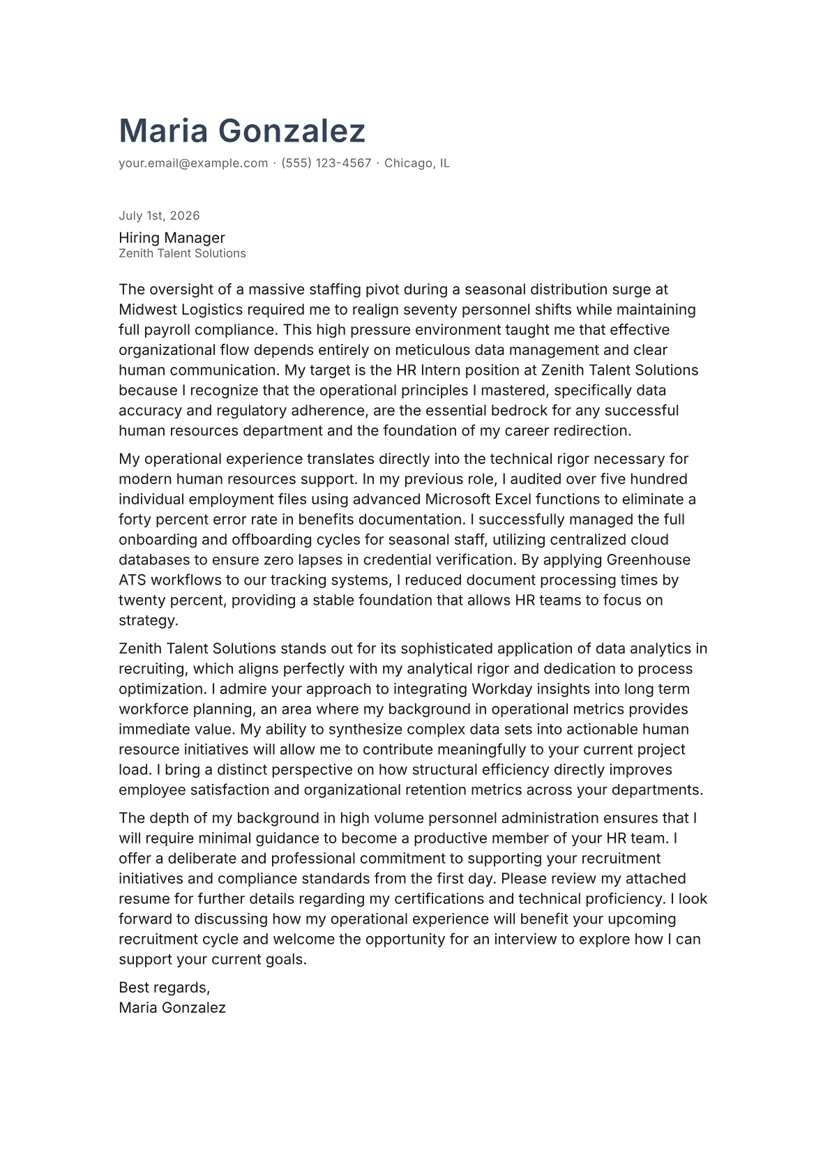 HR Intern cover letter in the Minimal design