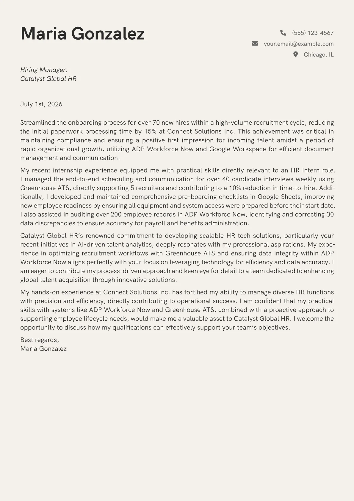 HR Intern cover letter formatted with a JobSprout template