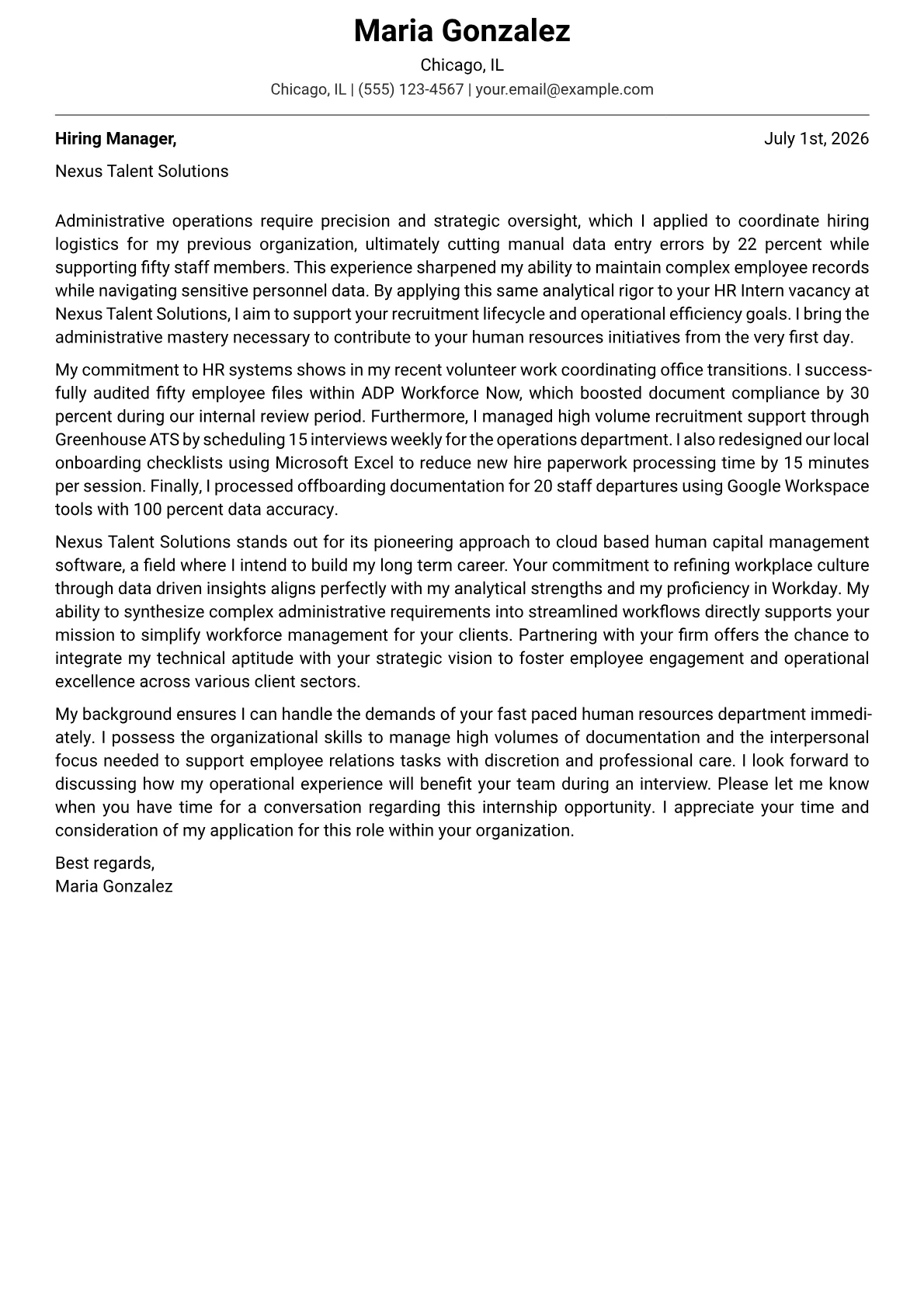 HR Intern cover letter in the Modern design