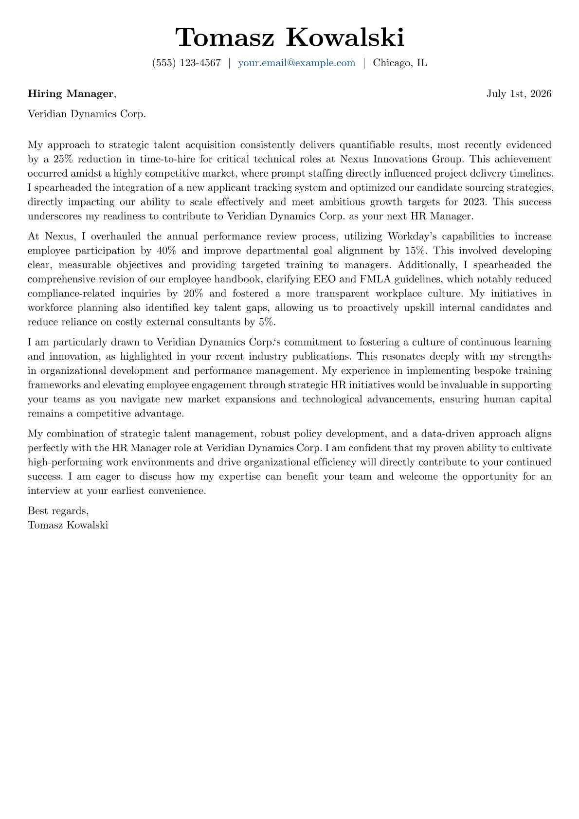 HR Manager cover letter formatted with a JobSprout template