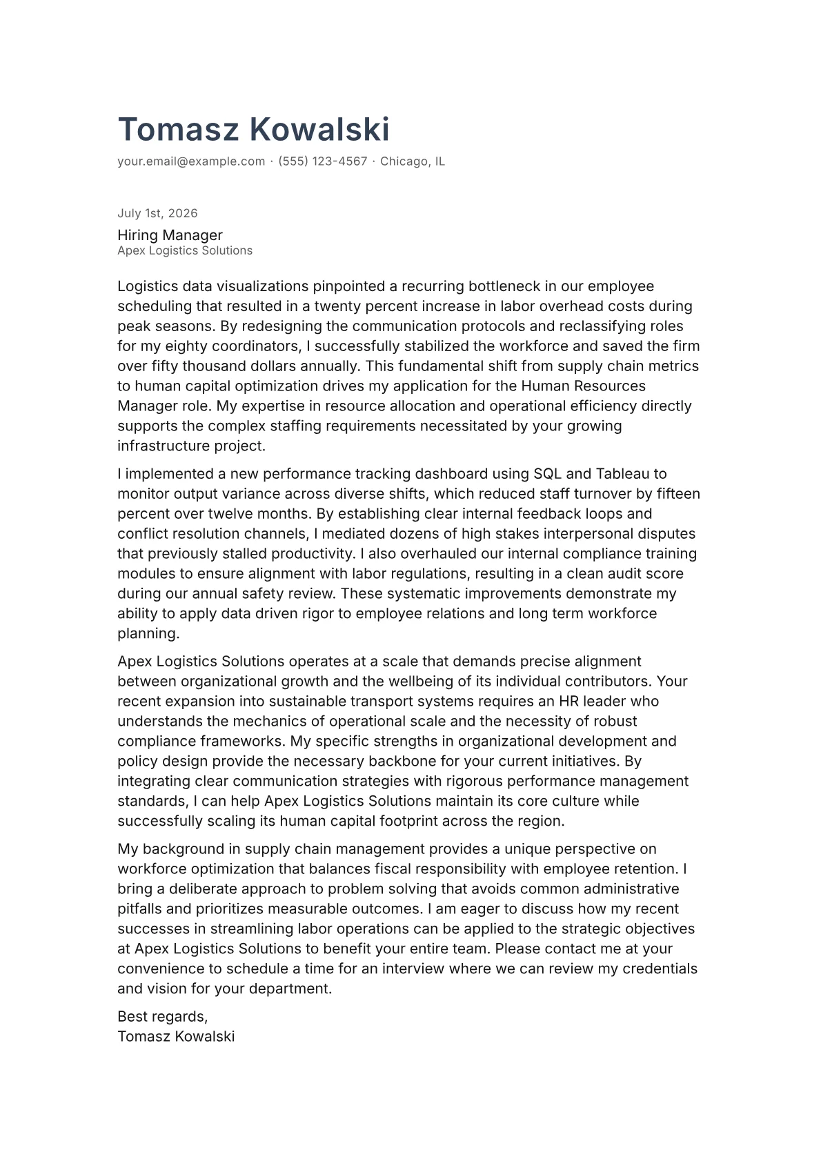 HR Manager cover letter in the Minimal design