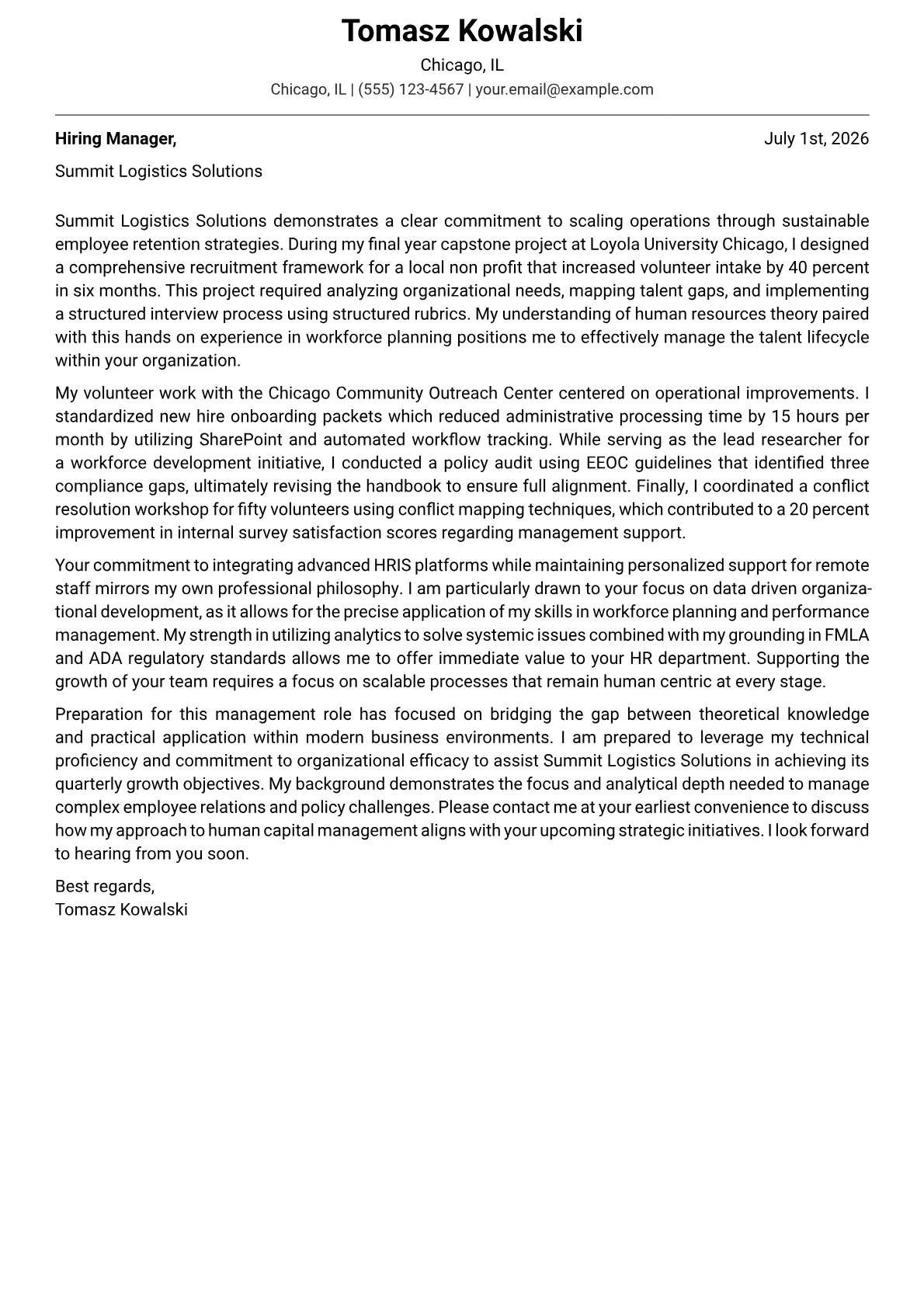 HR Manager cover letter in the Modern design
