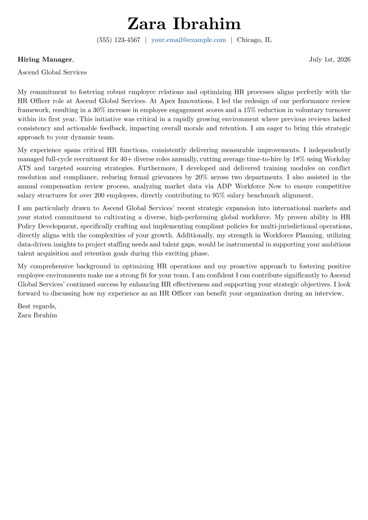 HR Officer cover letter formatted with a JobSprout template