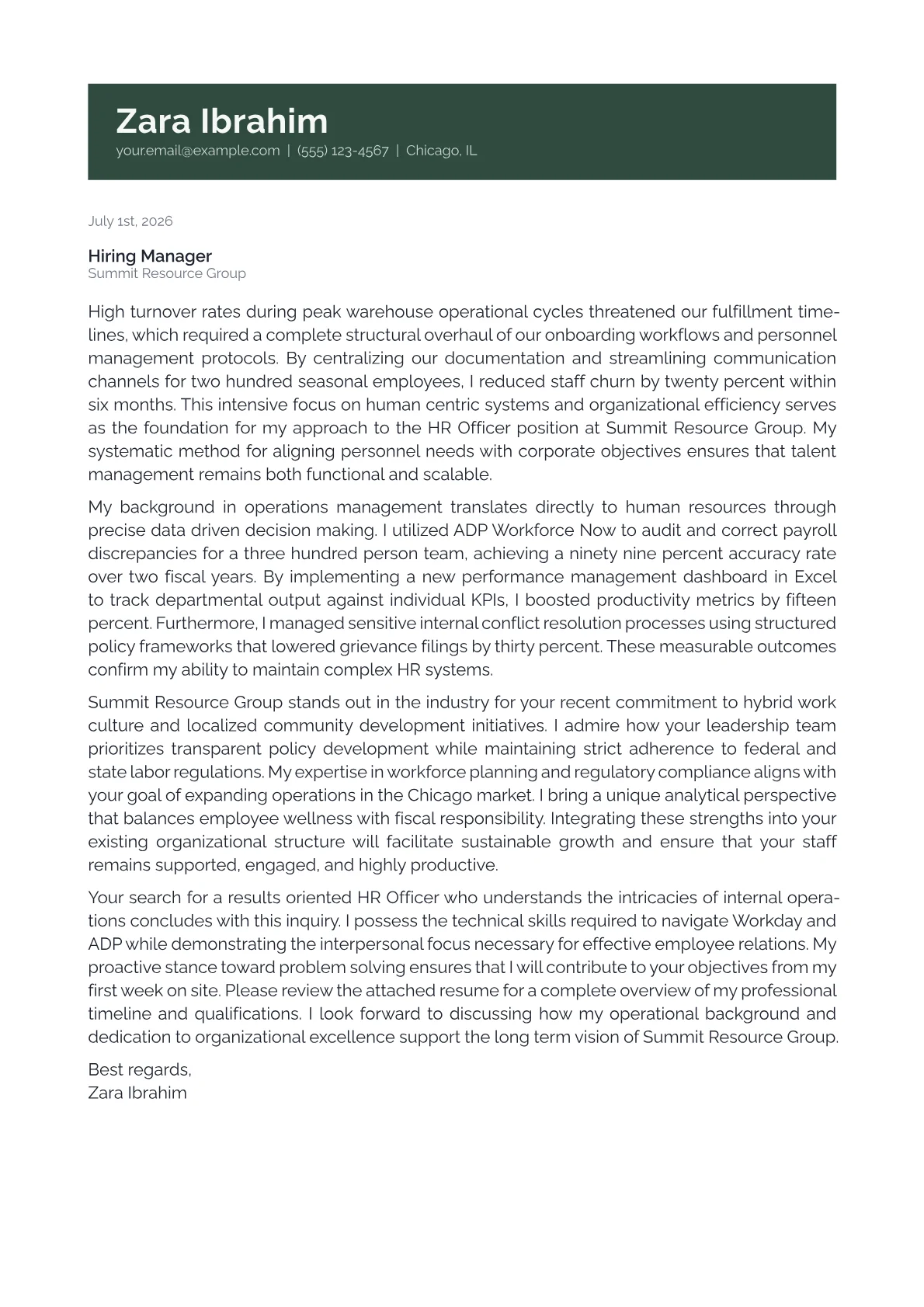 HR Officer cover letter in the Banner design